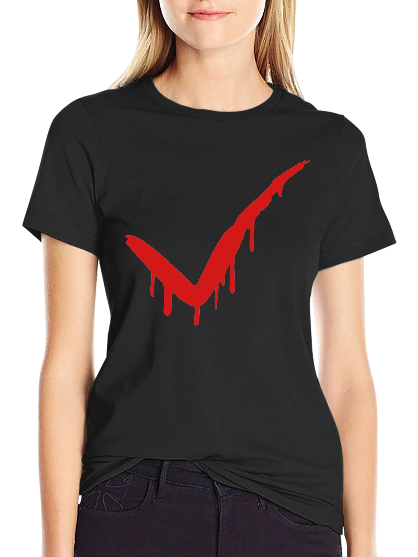 Red Drip Check Mark Black T-Shirt