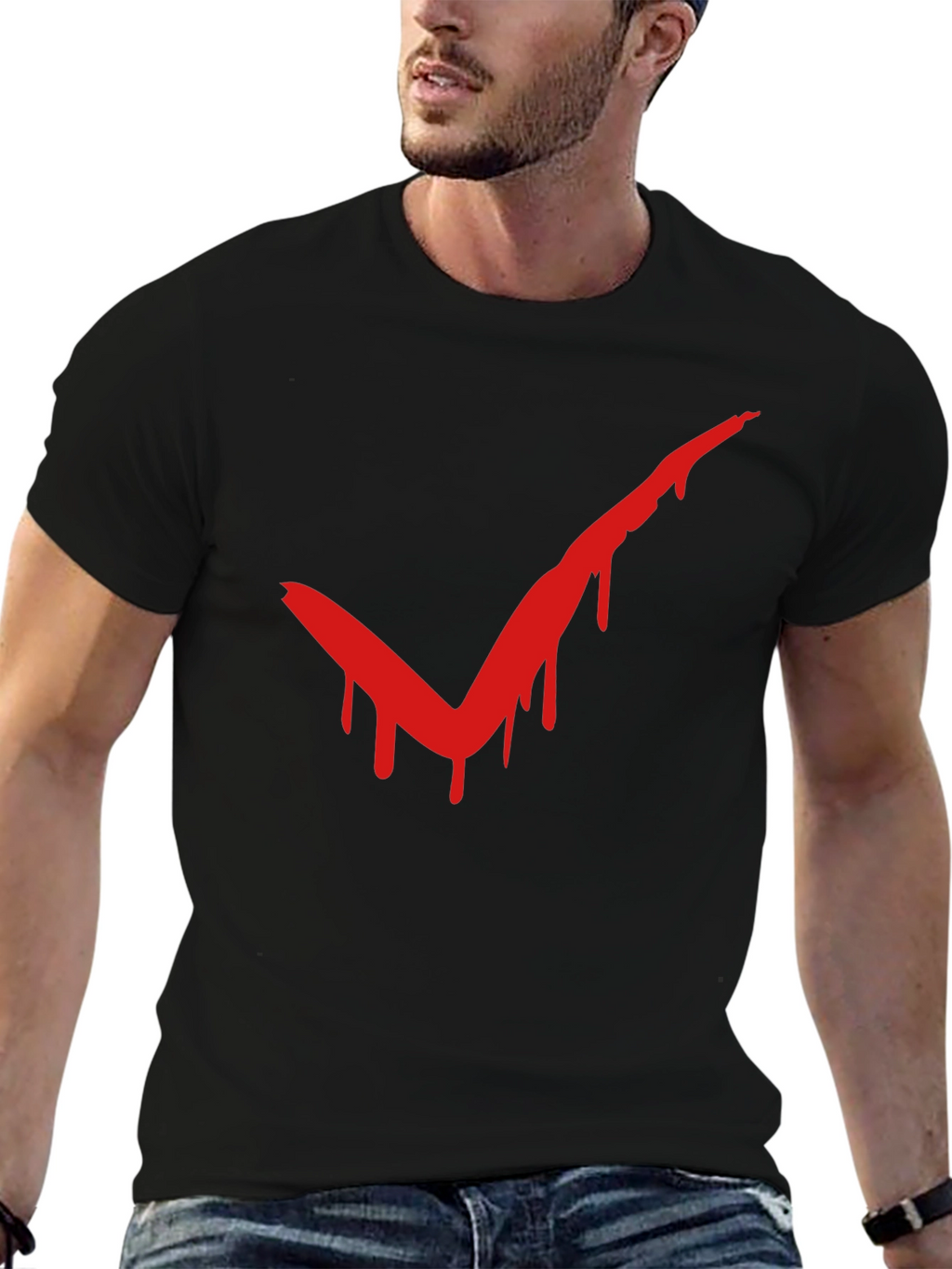 Red Drip Check Mark Black T-Shirt