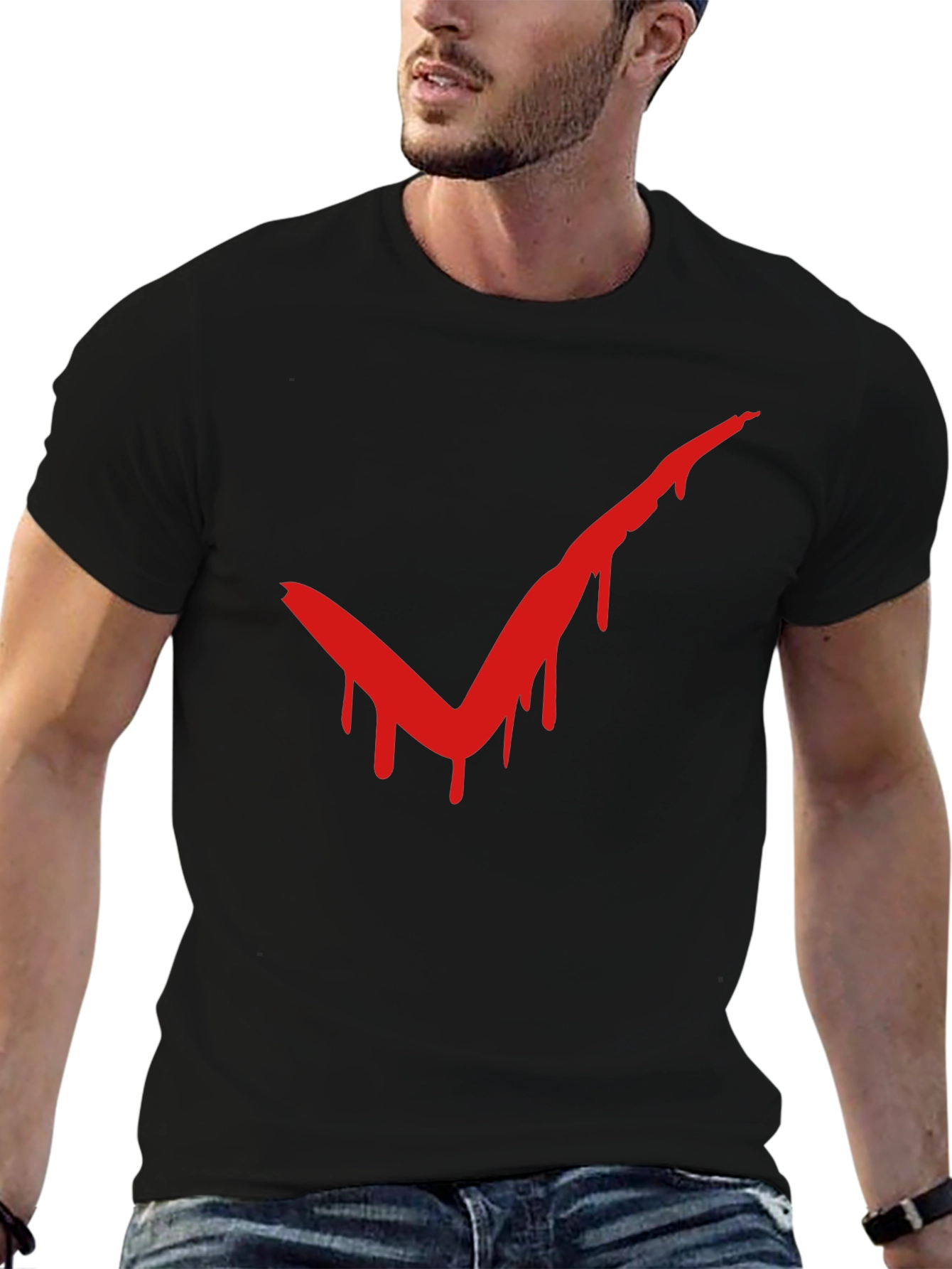 Red Drip Check Mark Black T-Shirt