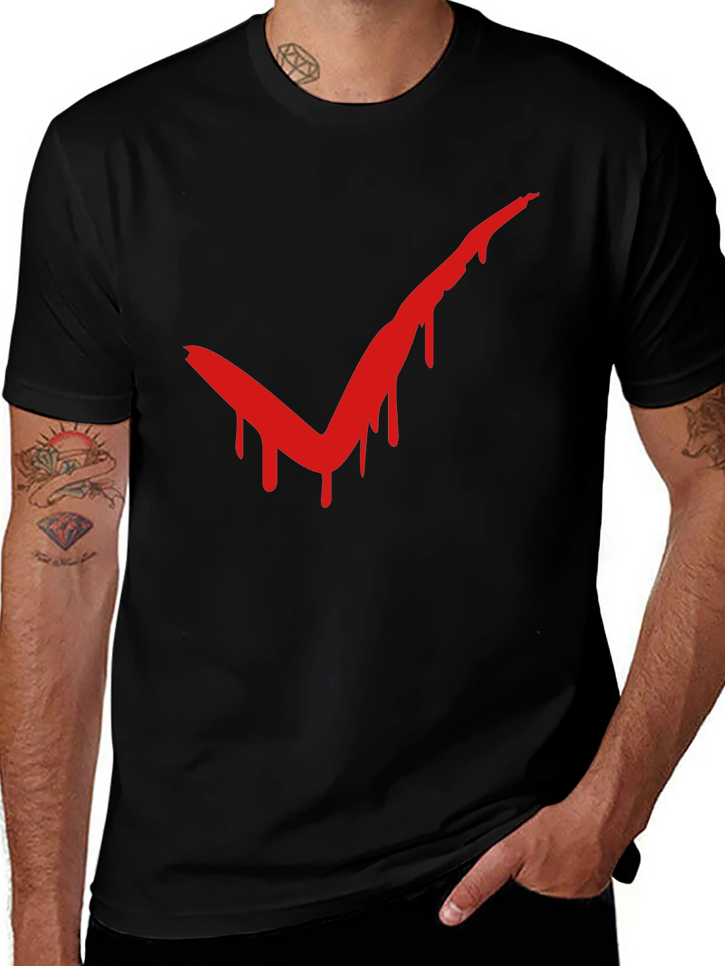 Red Drip Check Mark Black T-Shirt