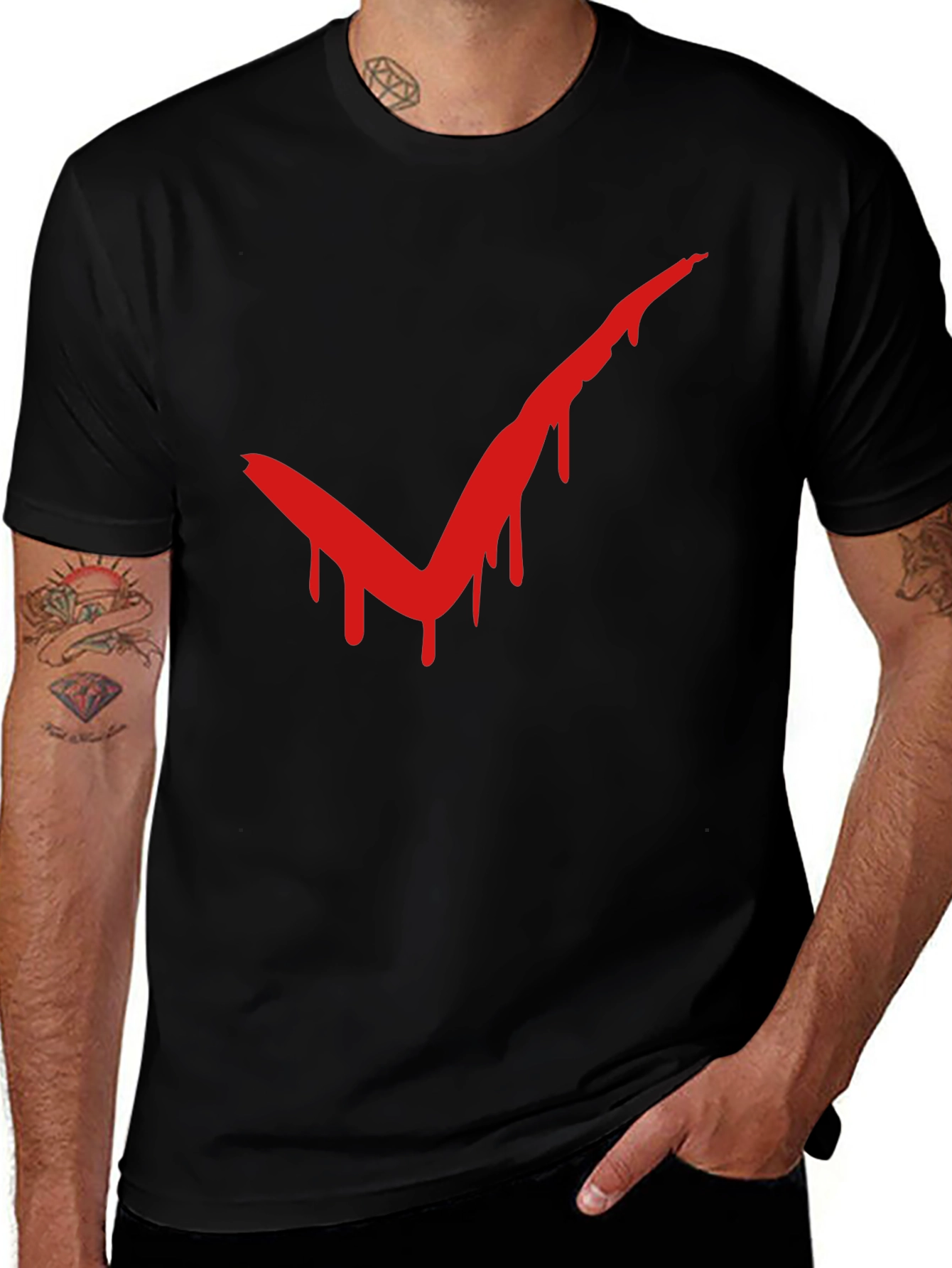 Red Drip Check Mark Black T-Shirt