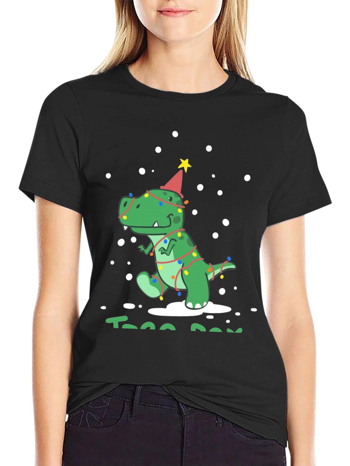 Festive Dino T-Rex Christmas Tree Lights Party Hat Tee