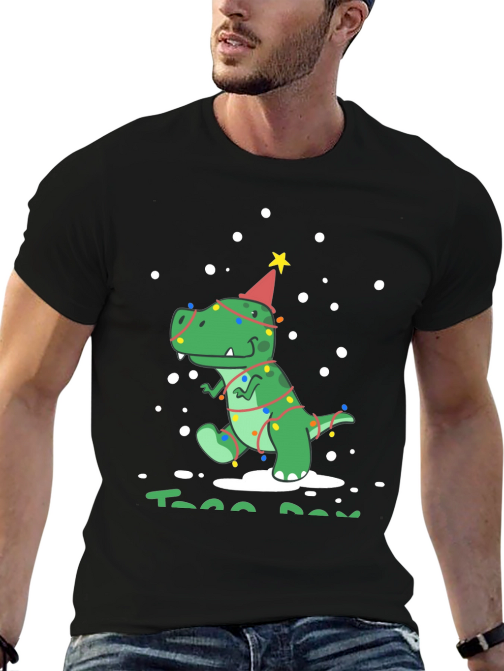 Festive Dino T-Rex Christmas Tree Lights Party Hat Tee
