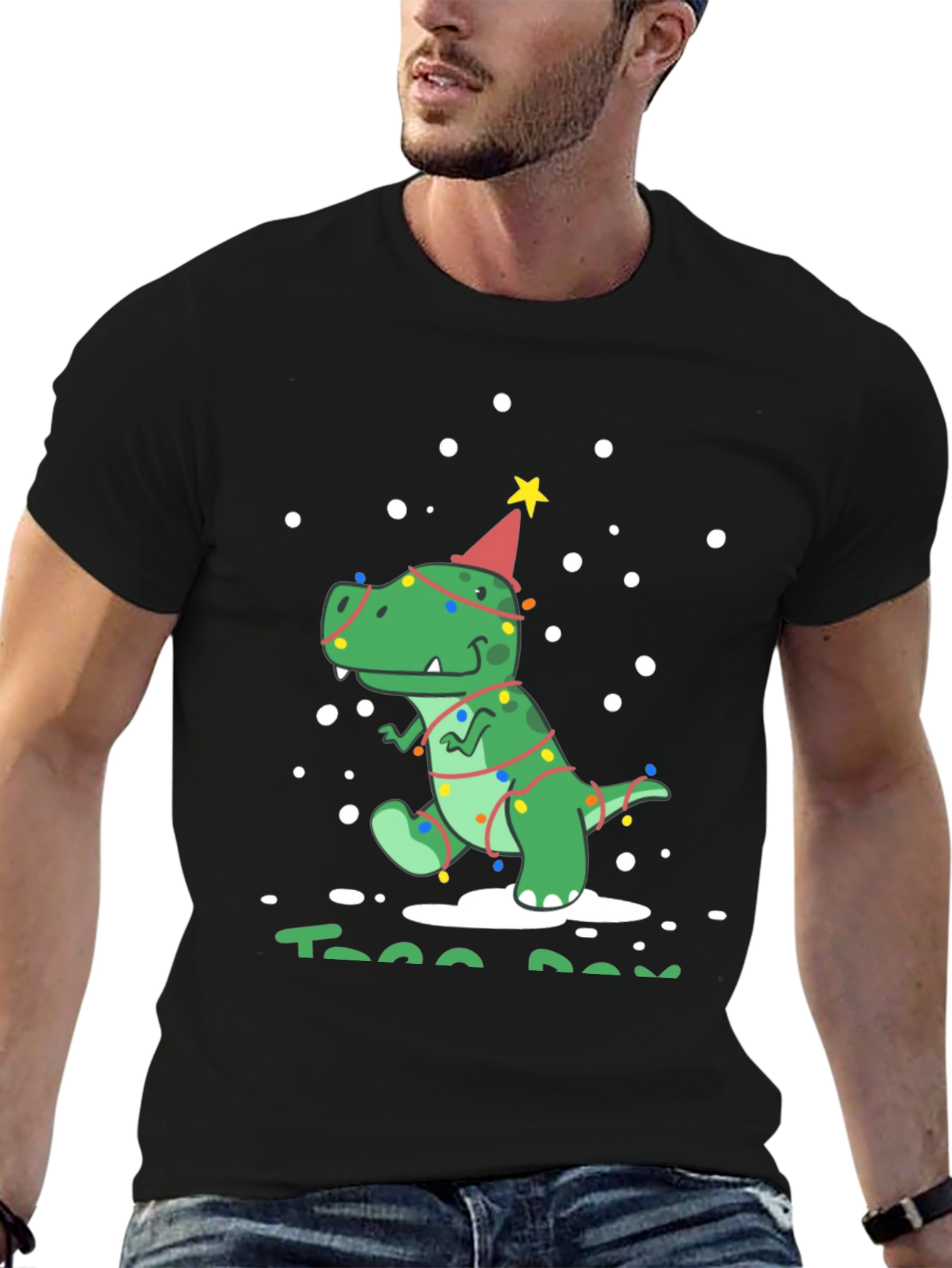 Festive Dino T-Rex Christmas Tree Lights Party Hat Tee