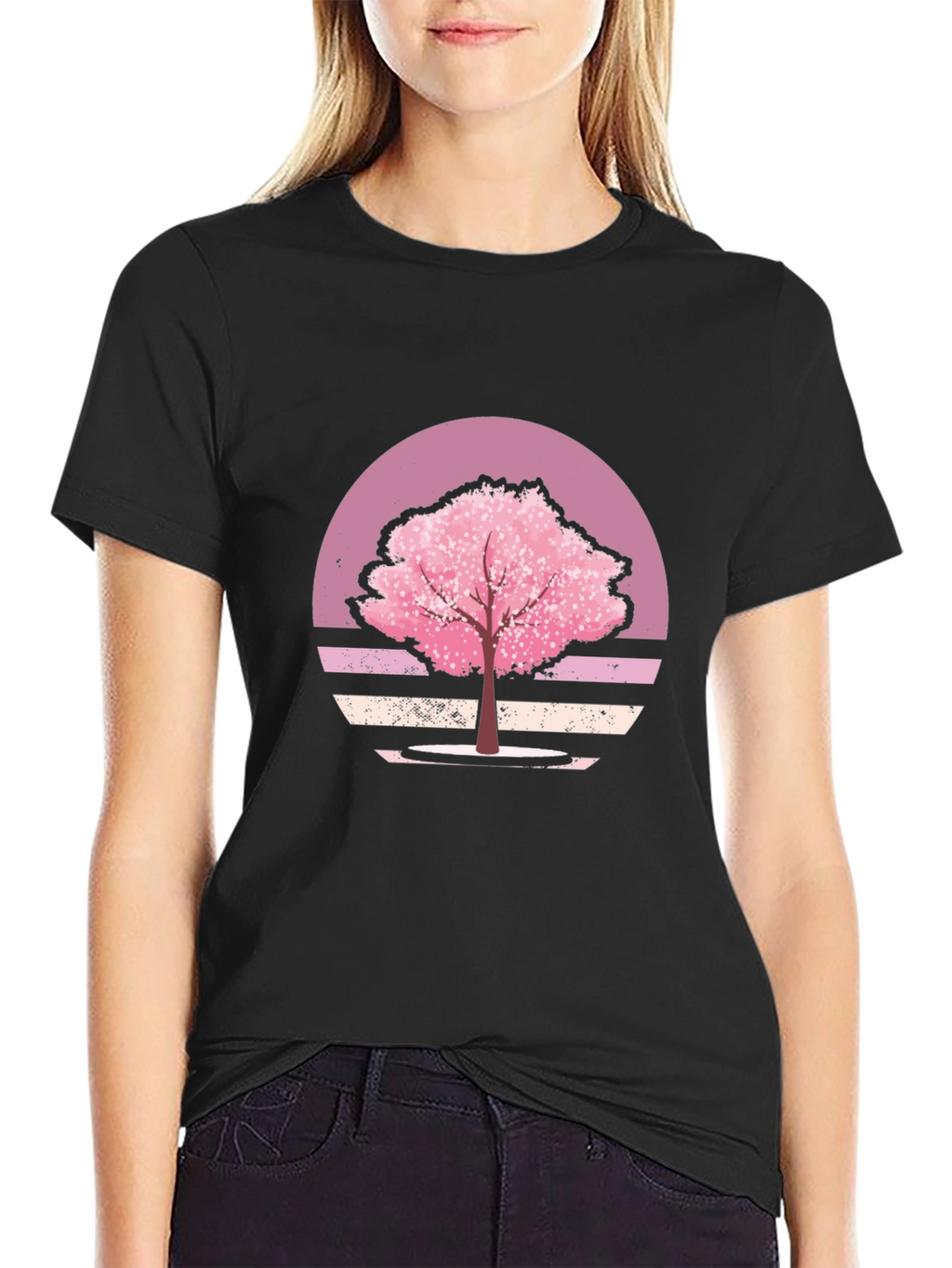 Cherry Blossom Sunset Black T-Shirt