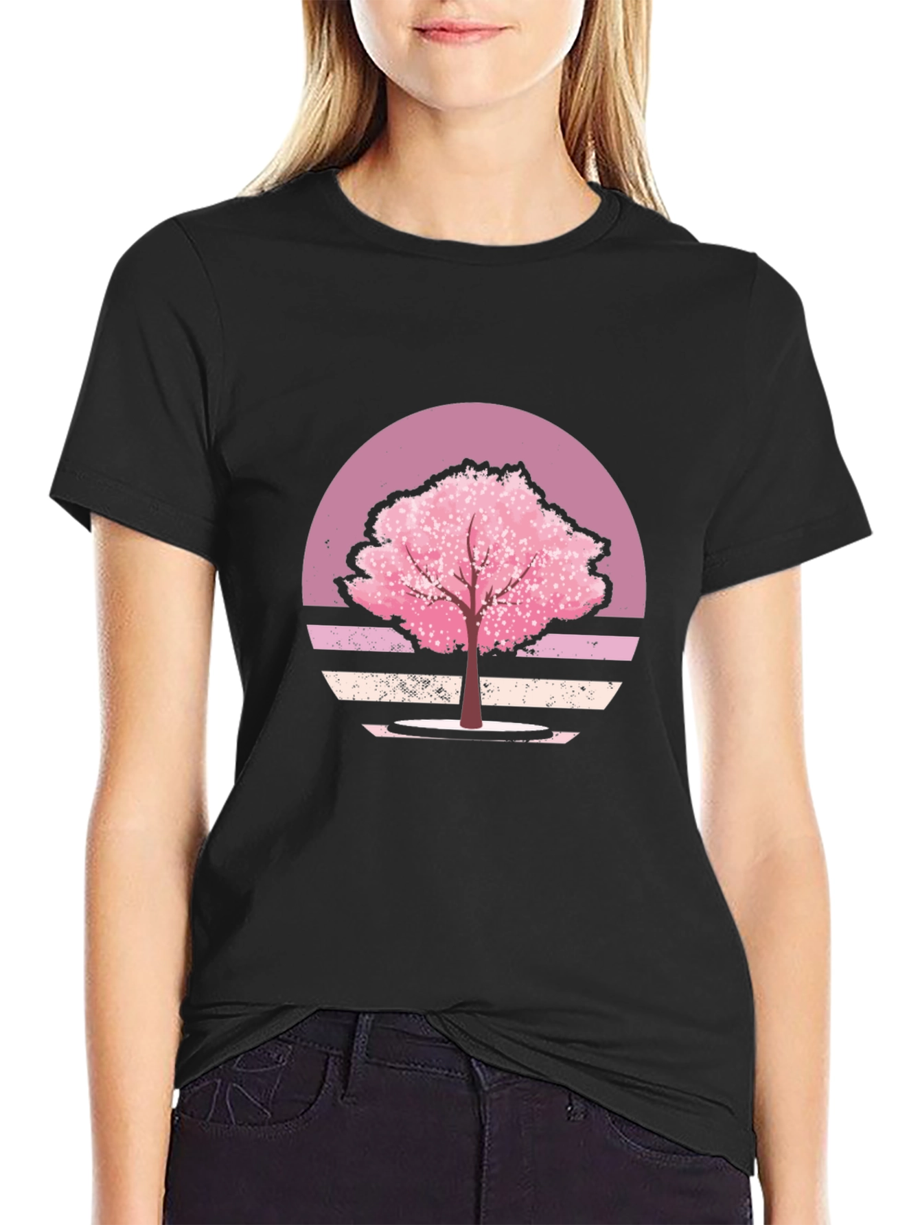 Cherry Blossom Sunset Black T-Shirt