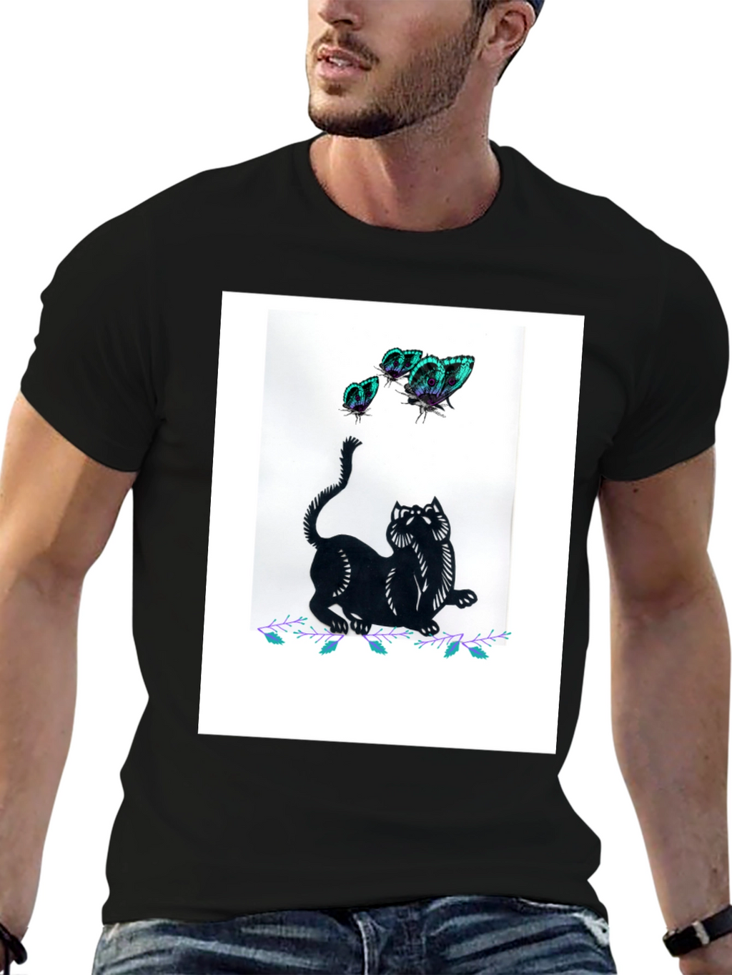 Black Cat & Butterfly Graphic Tee