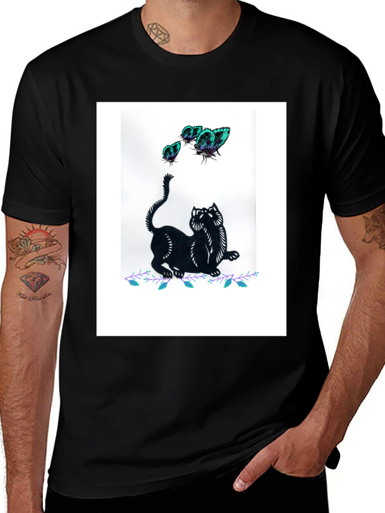 Black Cat & Butterfly Graphic Tee