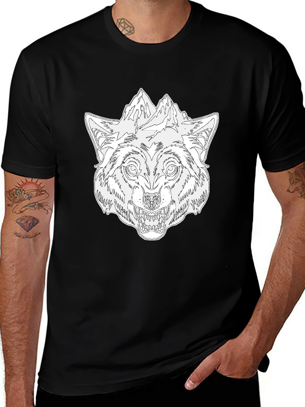Wolf & Mountain Graphic Black T-Shirt