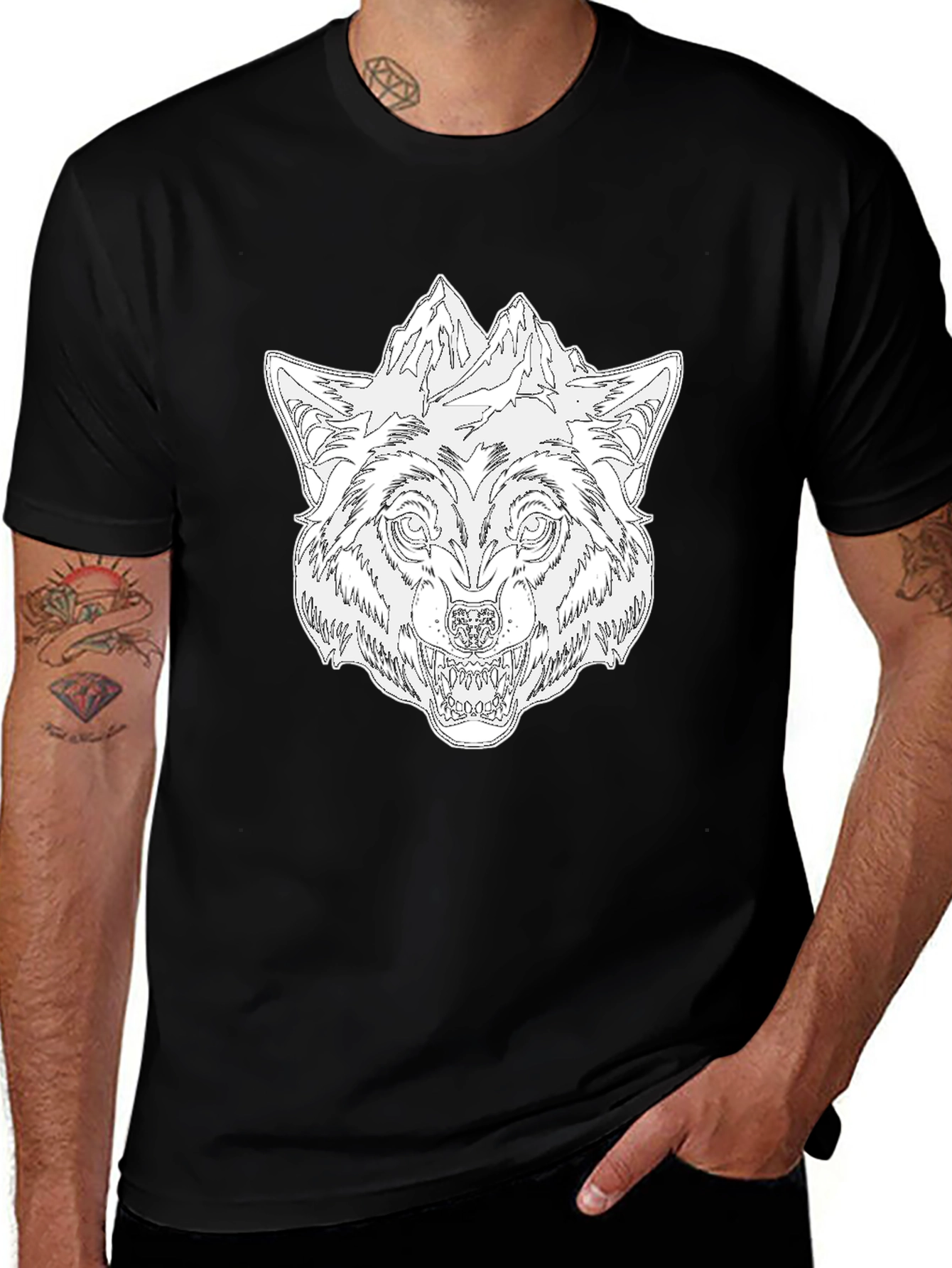 Wolf & Mountain Graphic Black T-Shirt