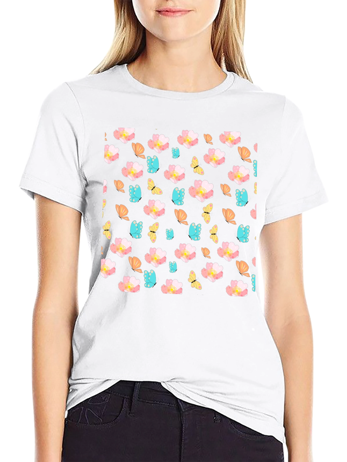 Floral Butterfly Print Crew Neck Tee
