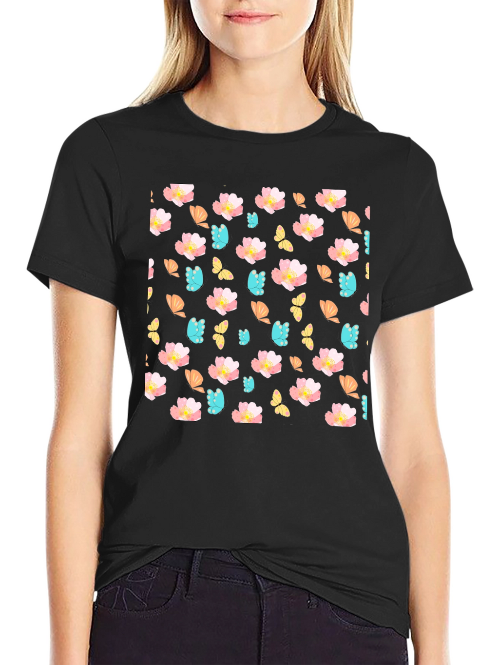 Floral Butterfly Print Crew Neck Tee