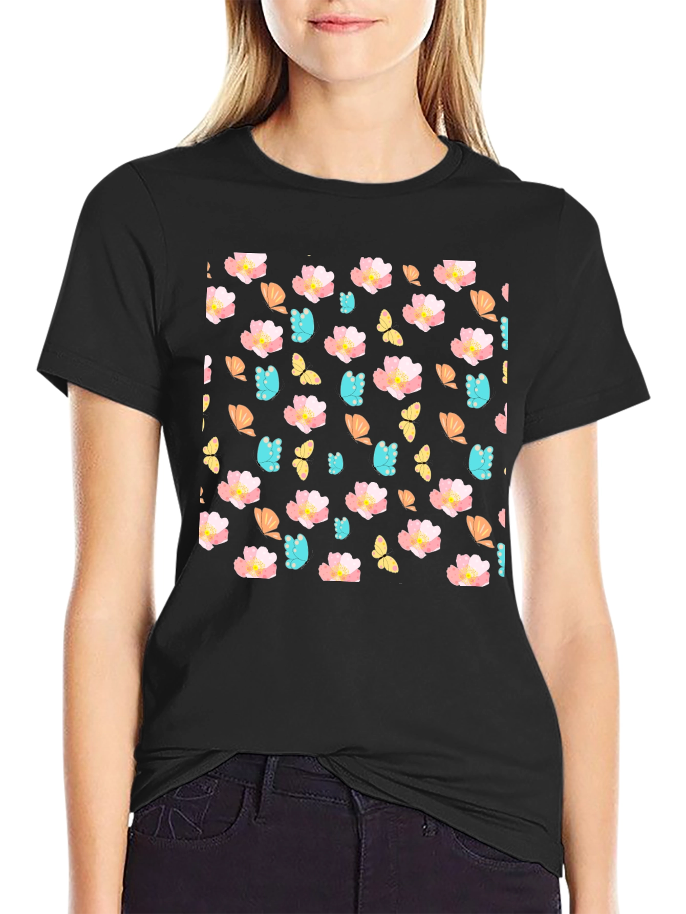 Floral Butterfly Print Crew Neck Tee