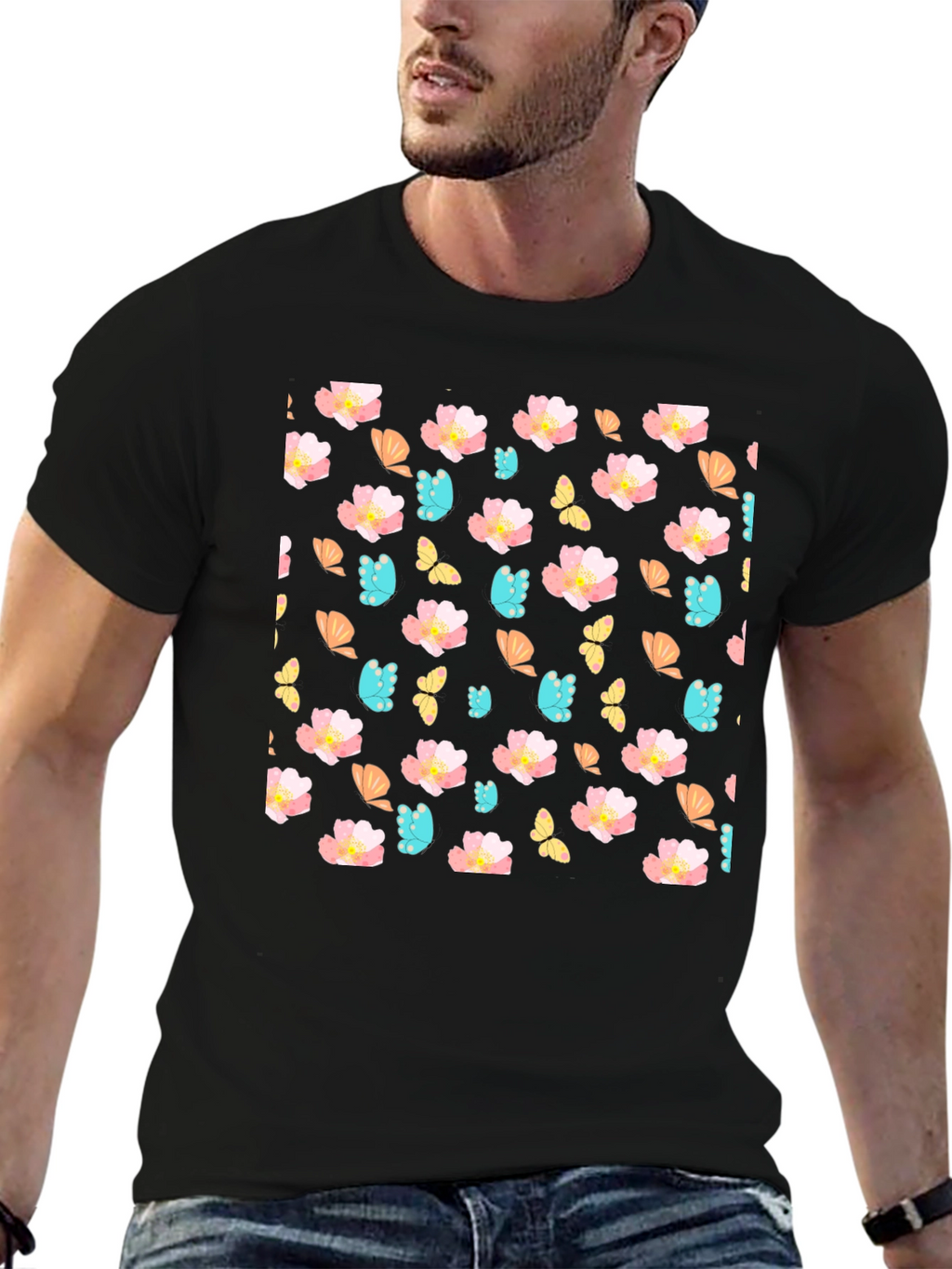 Floral Butterfly Print Crew Neck Tee