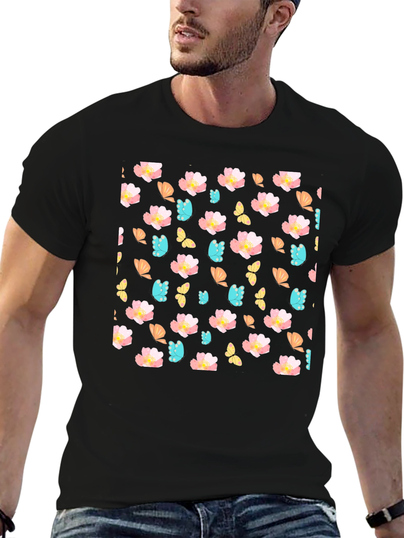 Floral Butterfly Print Crew Neck Tee