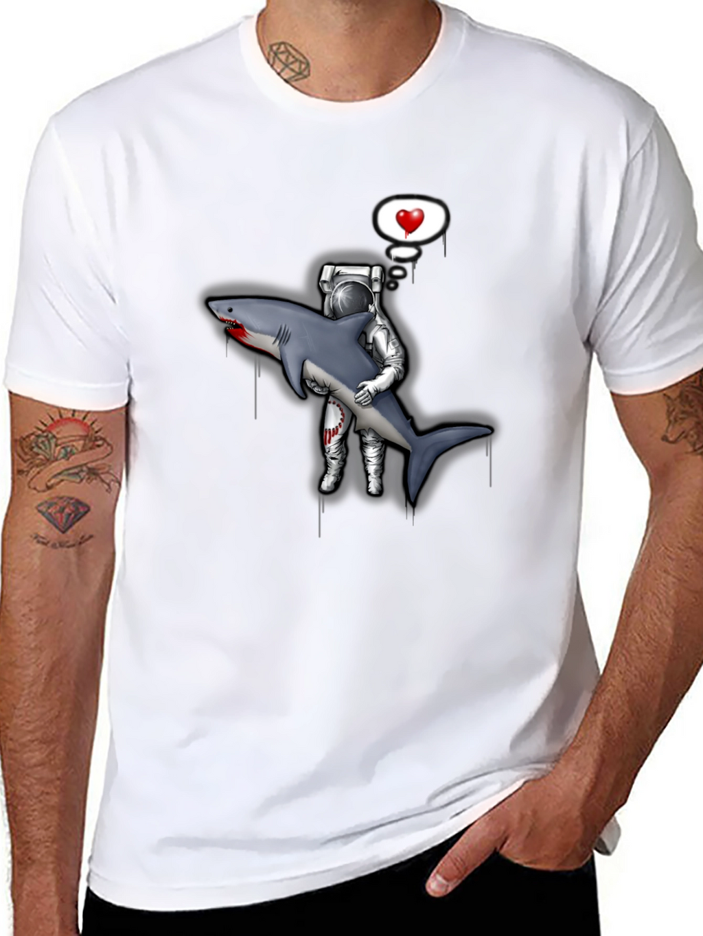 Astronaut Shark Love Black T-Shirt