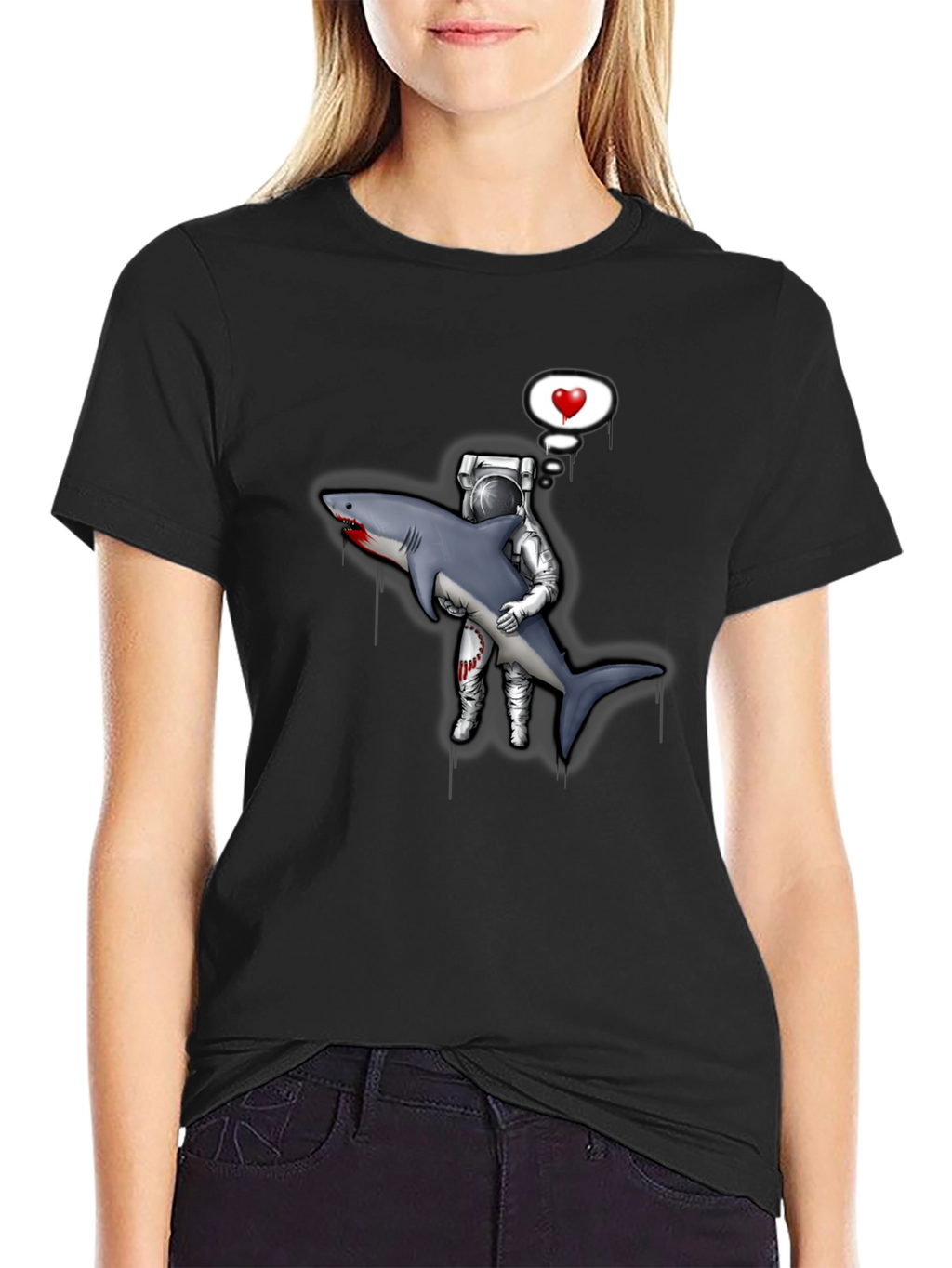 Astronaut Shark Love Black T-Shirt