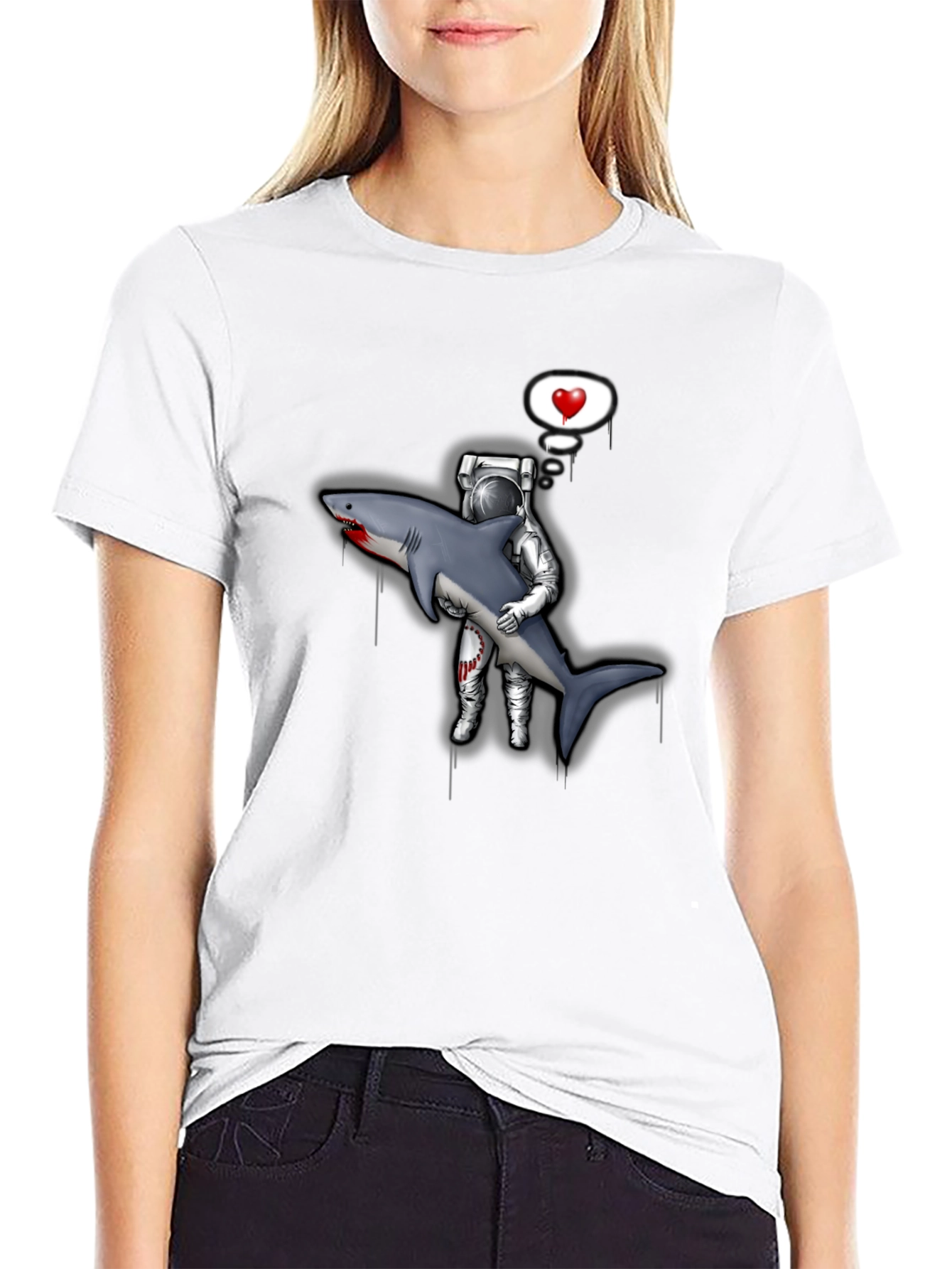 Astronaut Shark Love Black T-Shirt