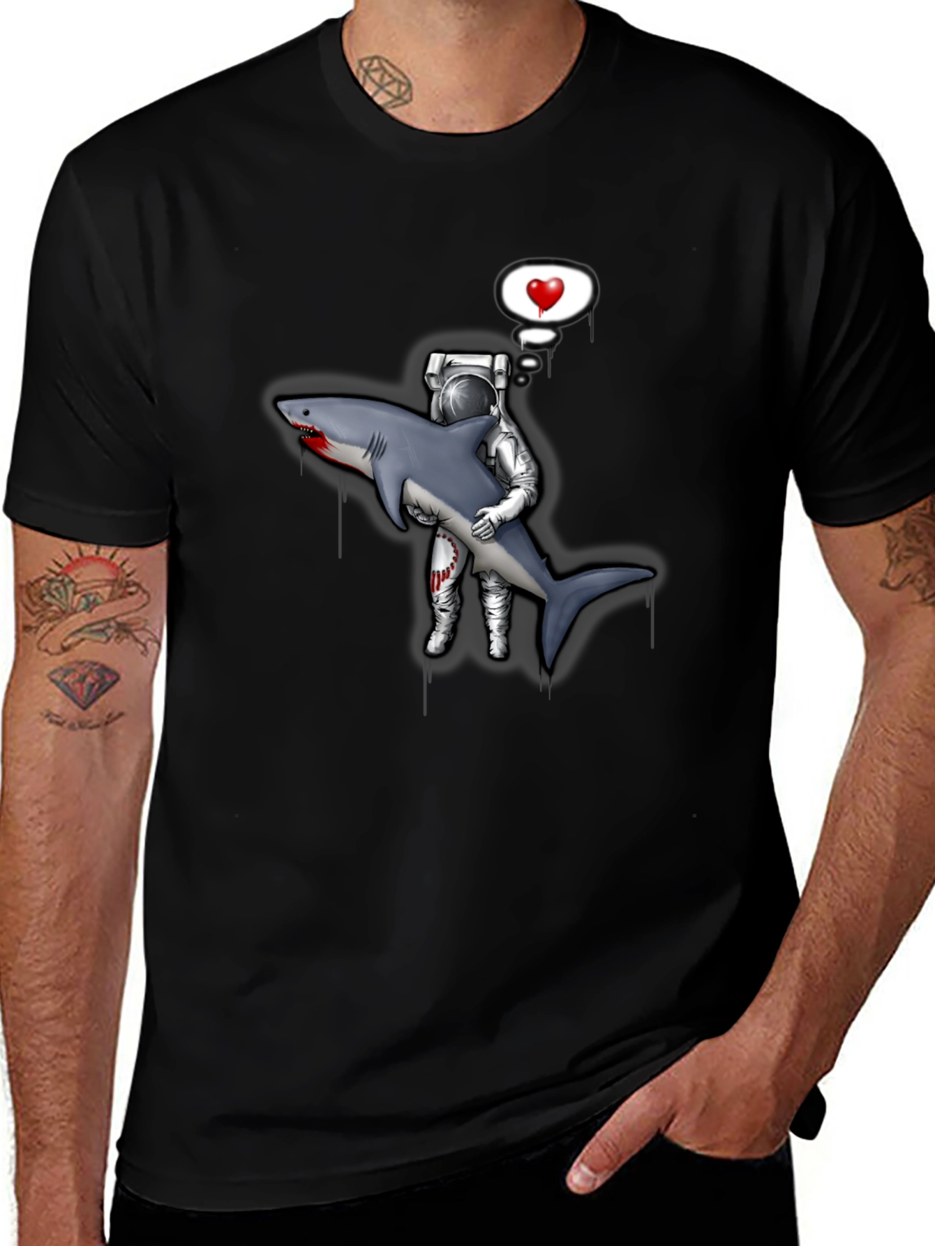 Astronaut Shark Love Black T-Shirt