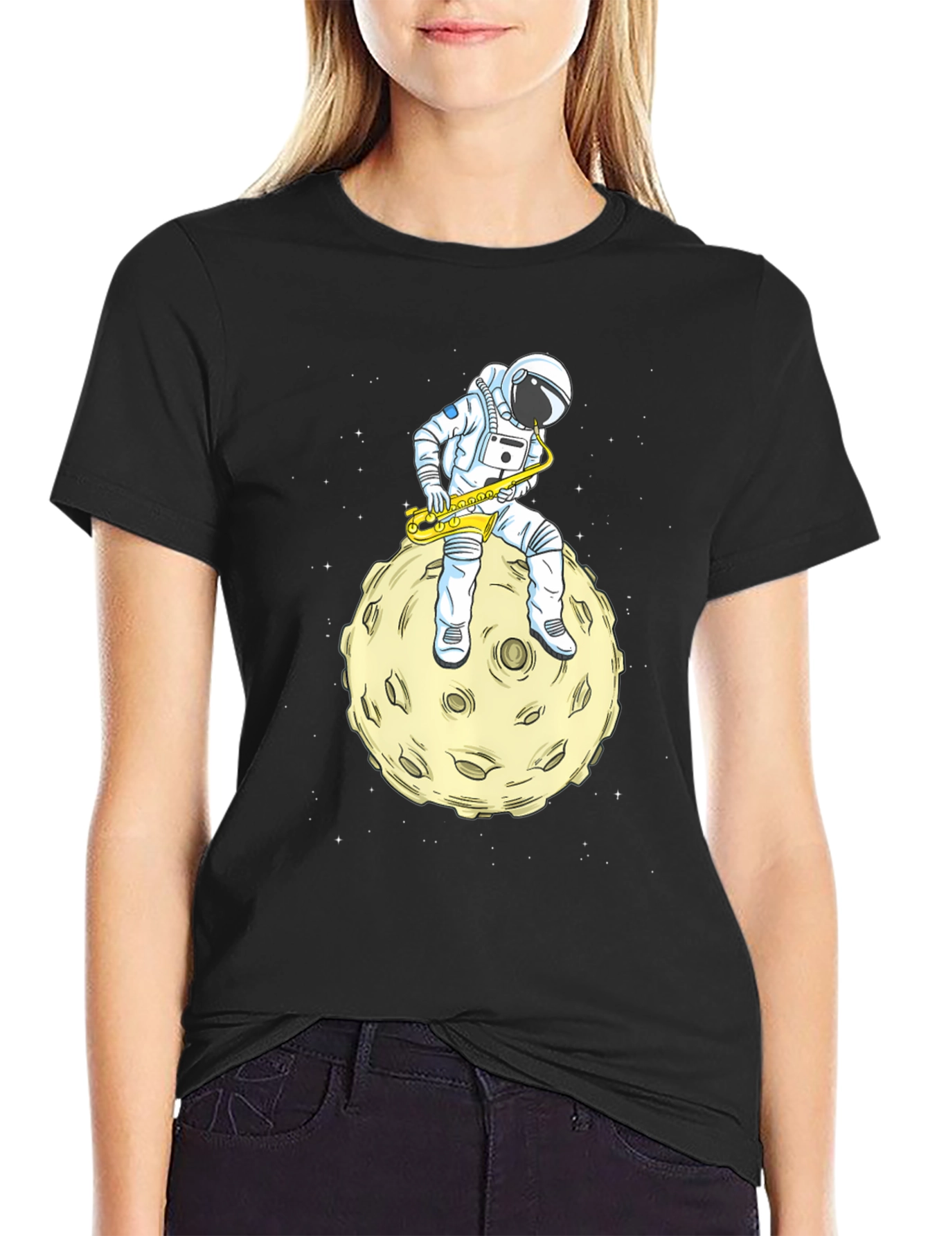 Astronaut Sax Moon Black T-Shirt