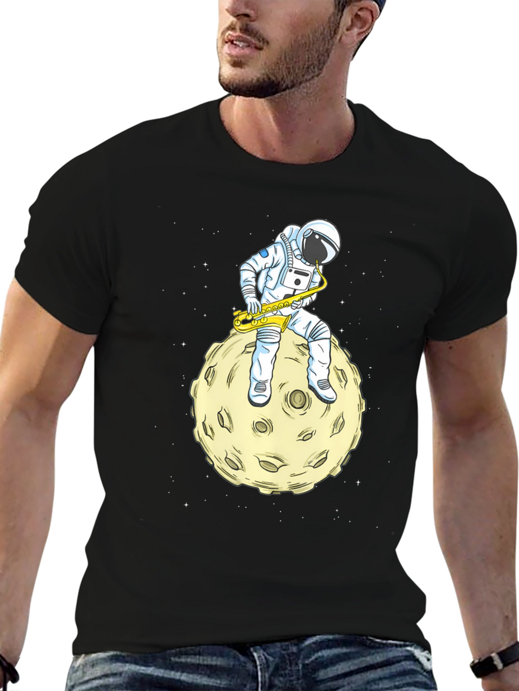 Astronaut Sax Moon Black T-Shirt