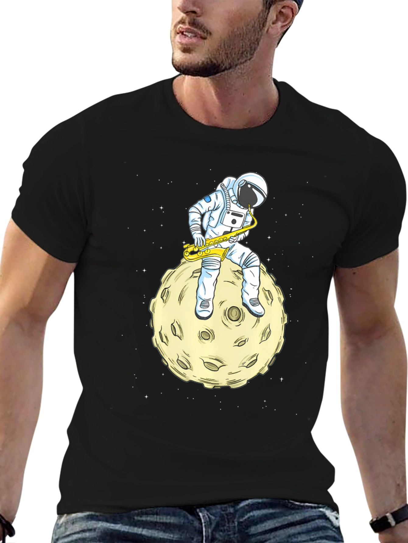 Astronaut Sax Moon Black T-Shirt