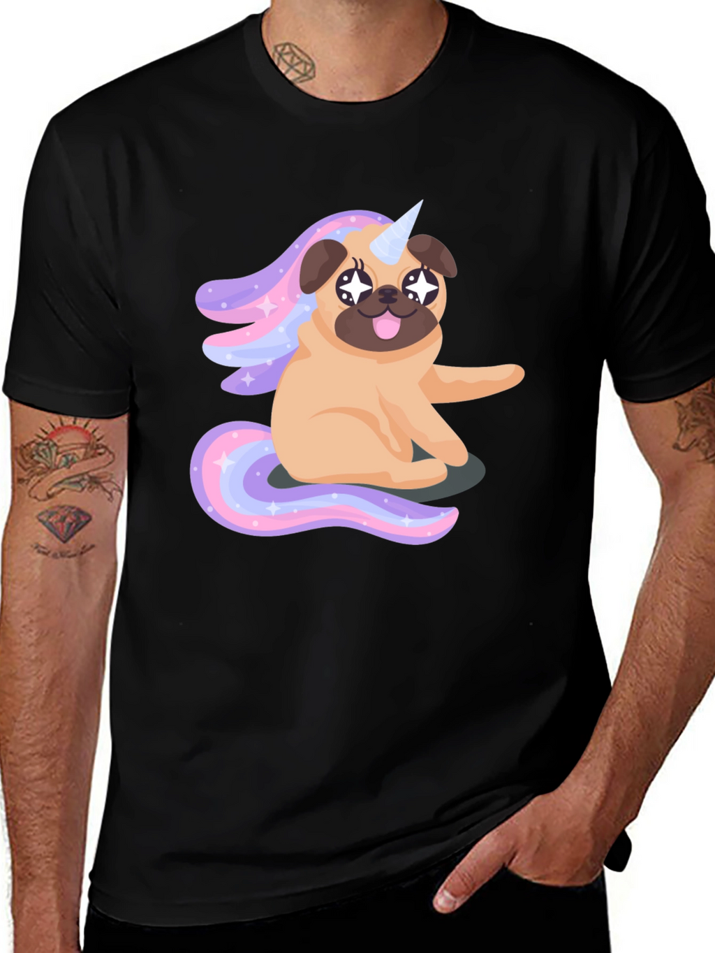 Unicorn Pug Mens Black T-Shirt
