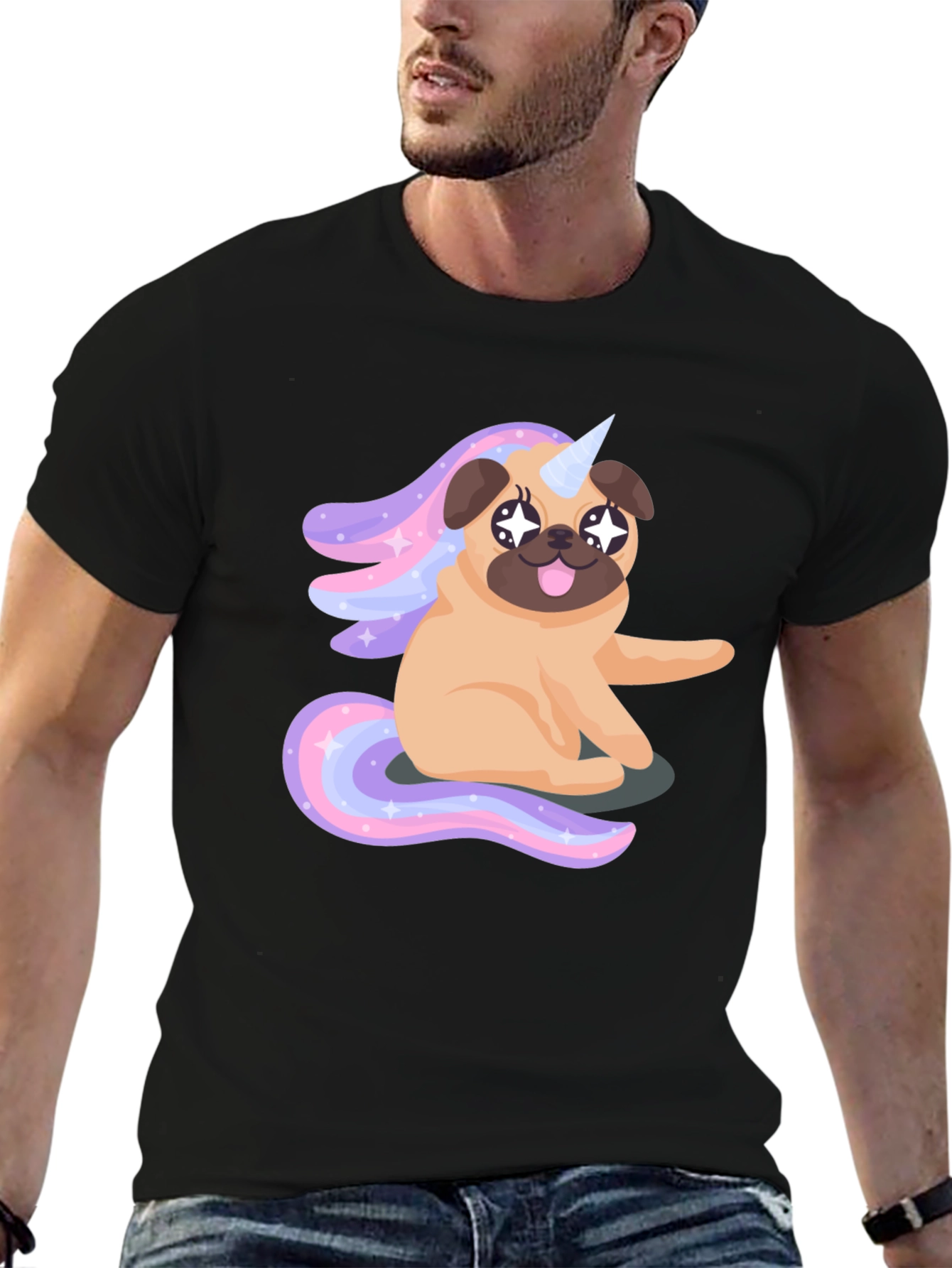 Unicorn Pug Mens Black T-Shirt