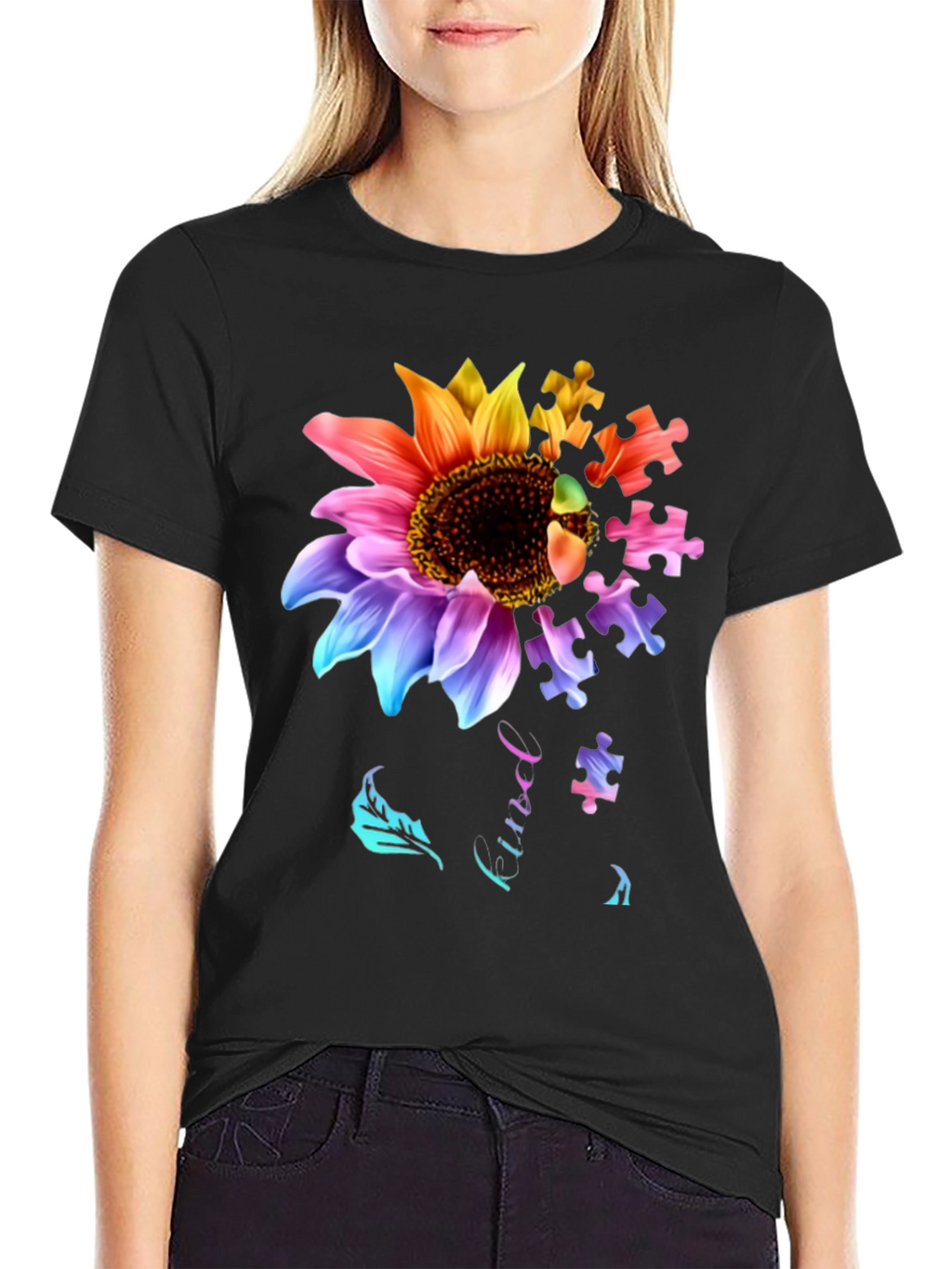 Autism Awareness Sunflower Puzzle Piece Graphic T-Shirt