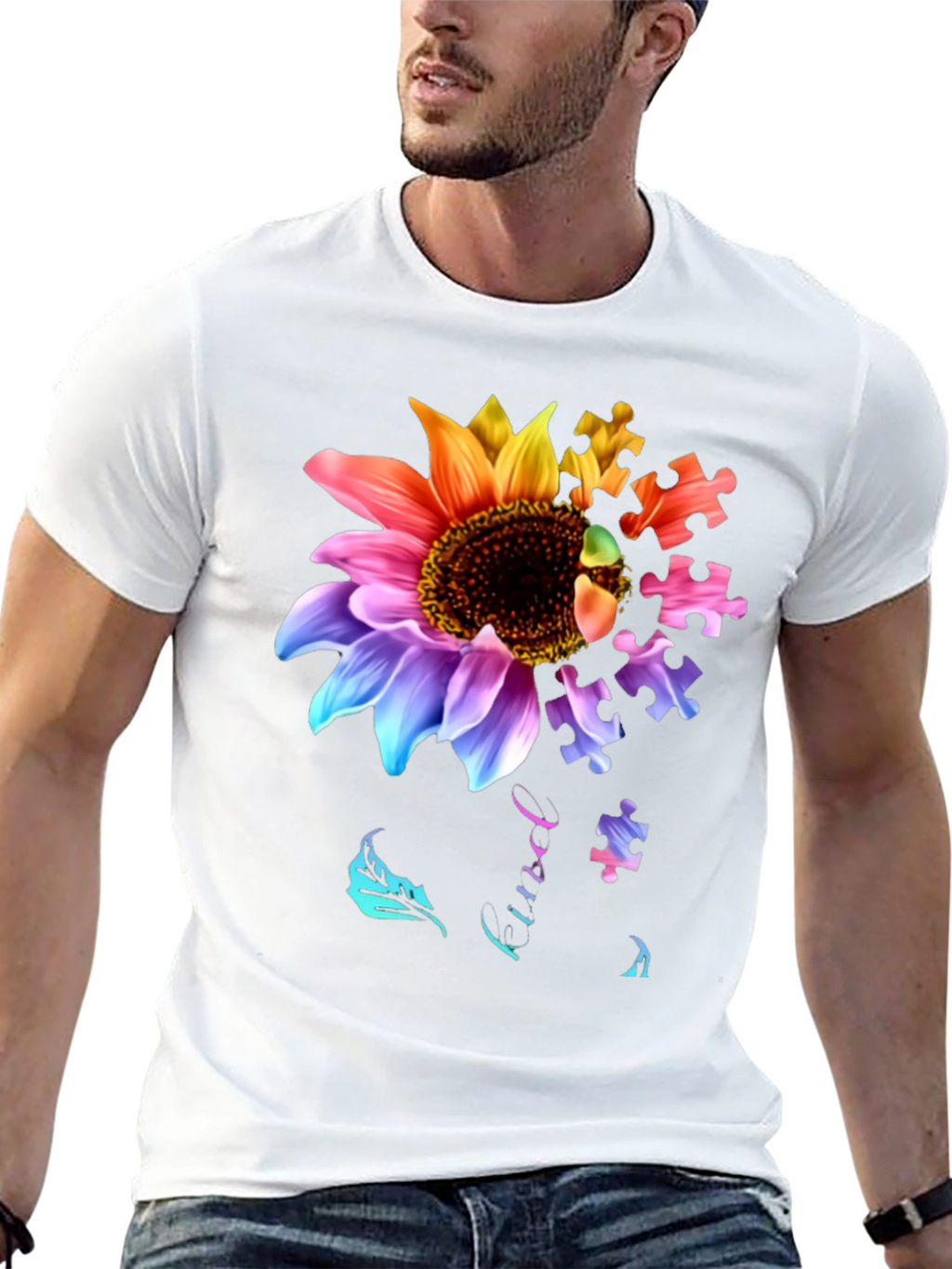 Autism Awareness Sunflower Puzzle Piece Graphic T-Shirt