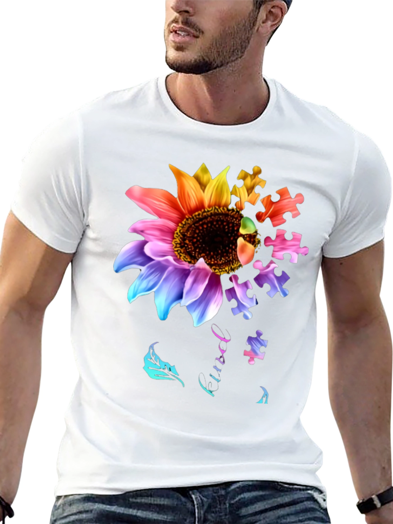 Autism Awareness Sunflower Puzzle Piece Graphic T-Shirt