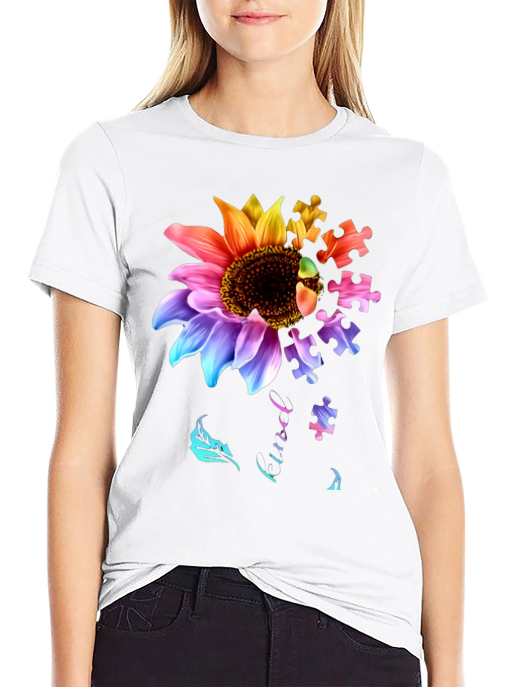 Autism Awareness Sunflower Puzzle Piece Graphic T-Shirt