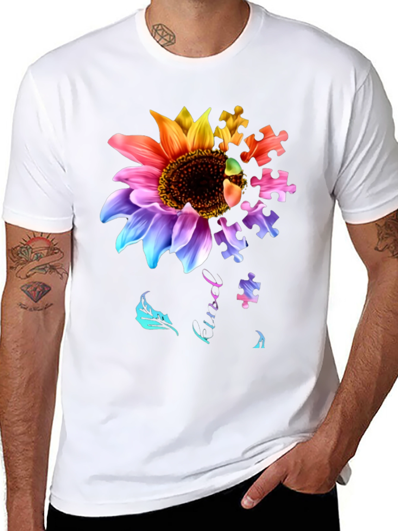 Autism Awareness Sunflower Puzzle Piece Graphic T-Shirt