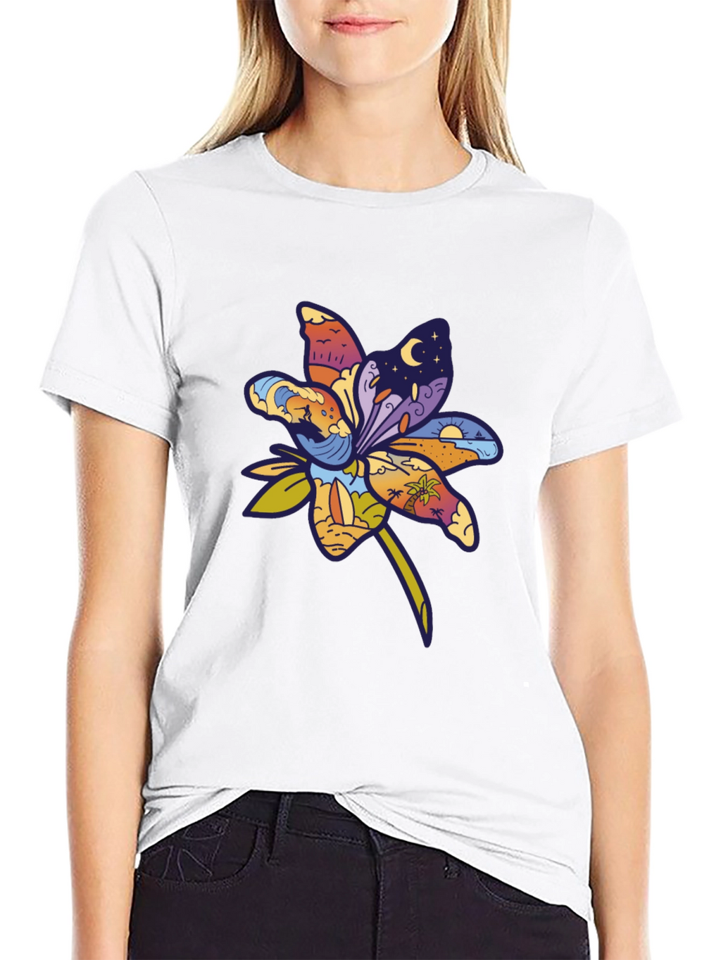 Tropical Flower Graphic T-Shirt - Black