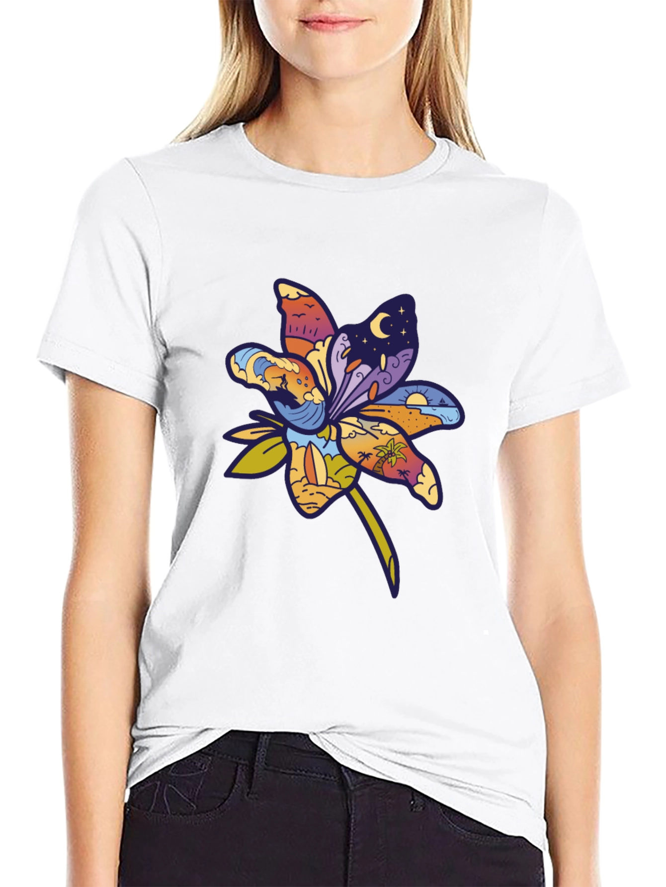 Tropical Flower Graphic T-Shirt - Black