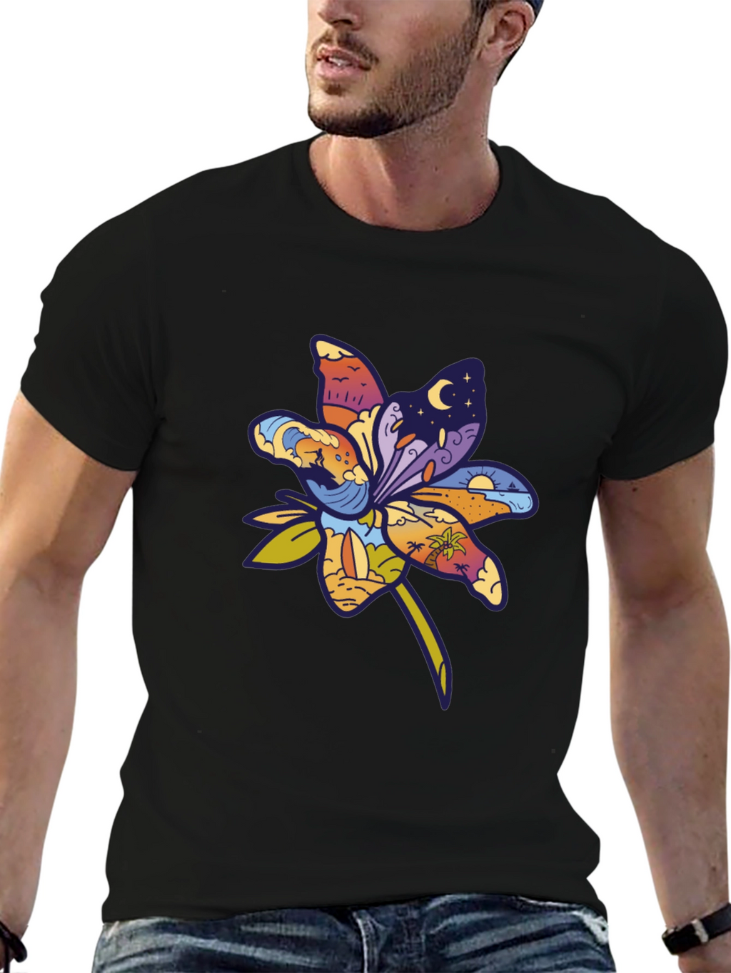 Tropical Flower Graphic T-Shirt - Black