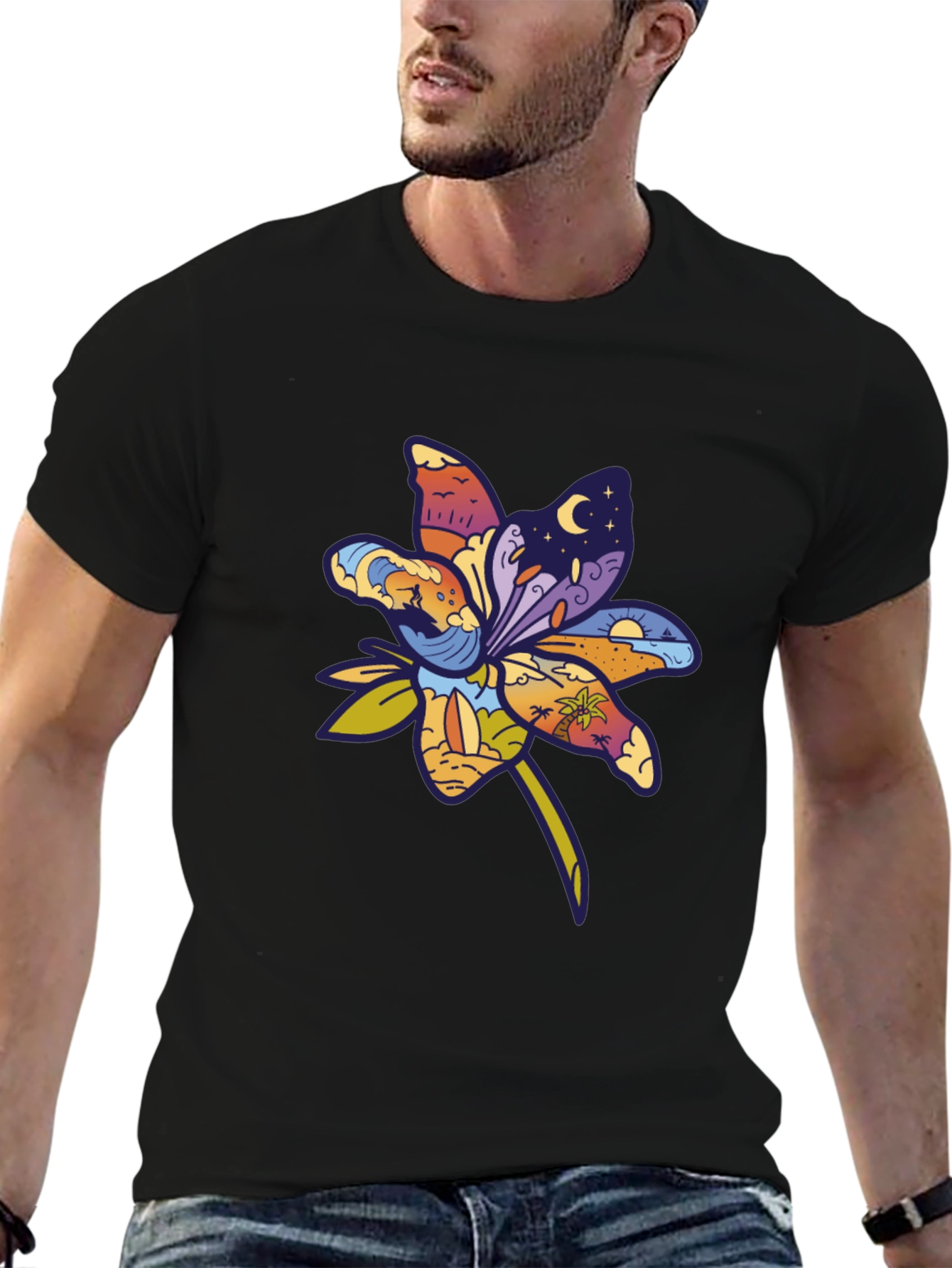 Tropical Flower Graphic T-Shirt - Black