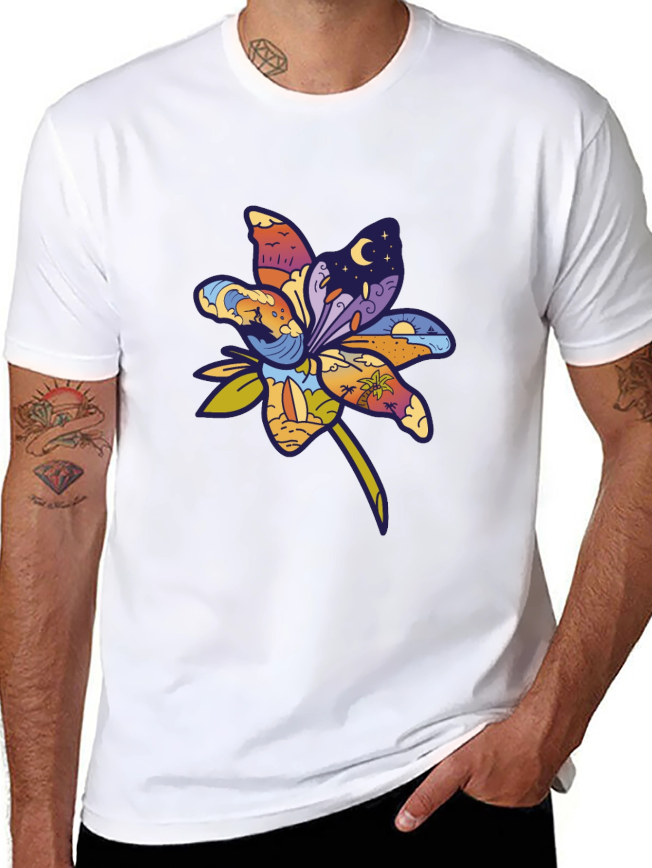 Tropical Flower Graphic T-Shirt - Black