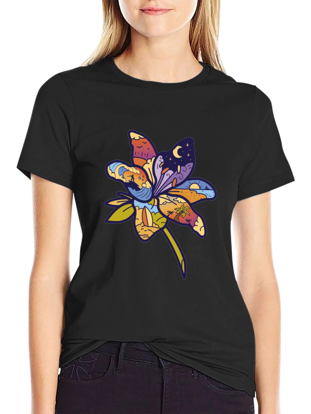 Tropical Flower Graphic T-Shirt - Black