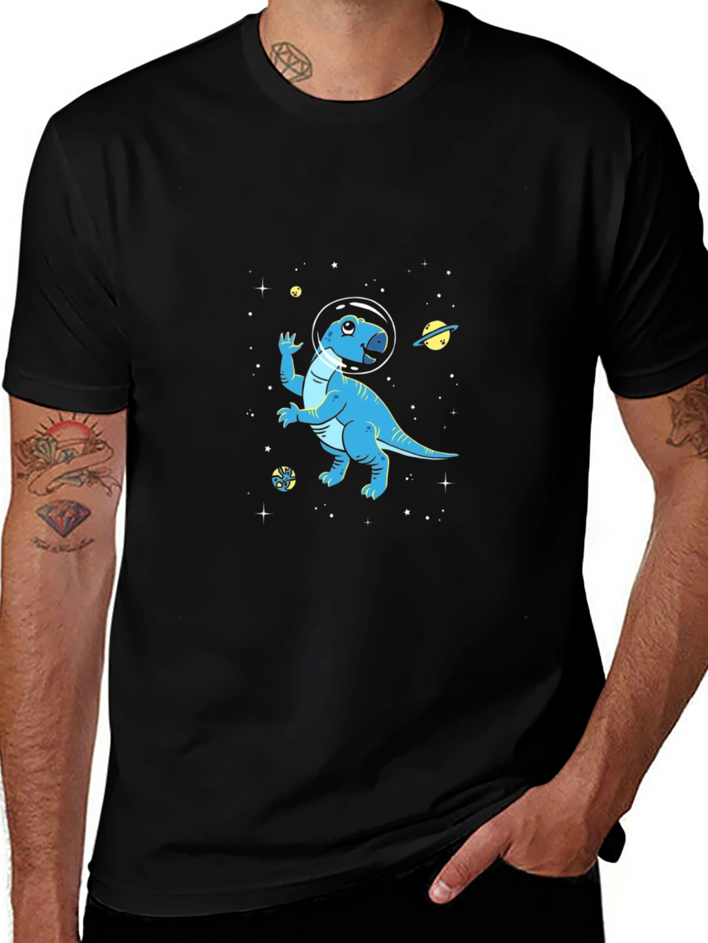 Dino Space T-Shirt - Black Cotton Astronaut Dinosaur Tee