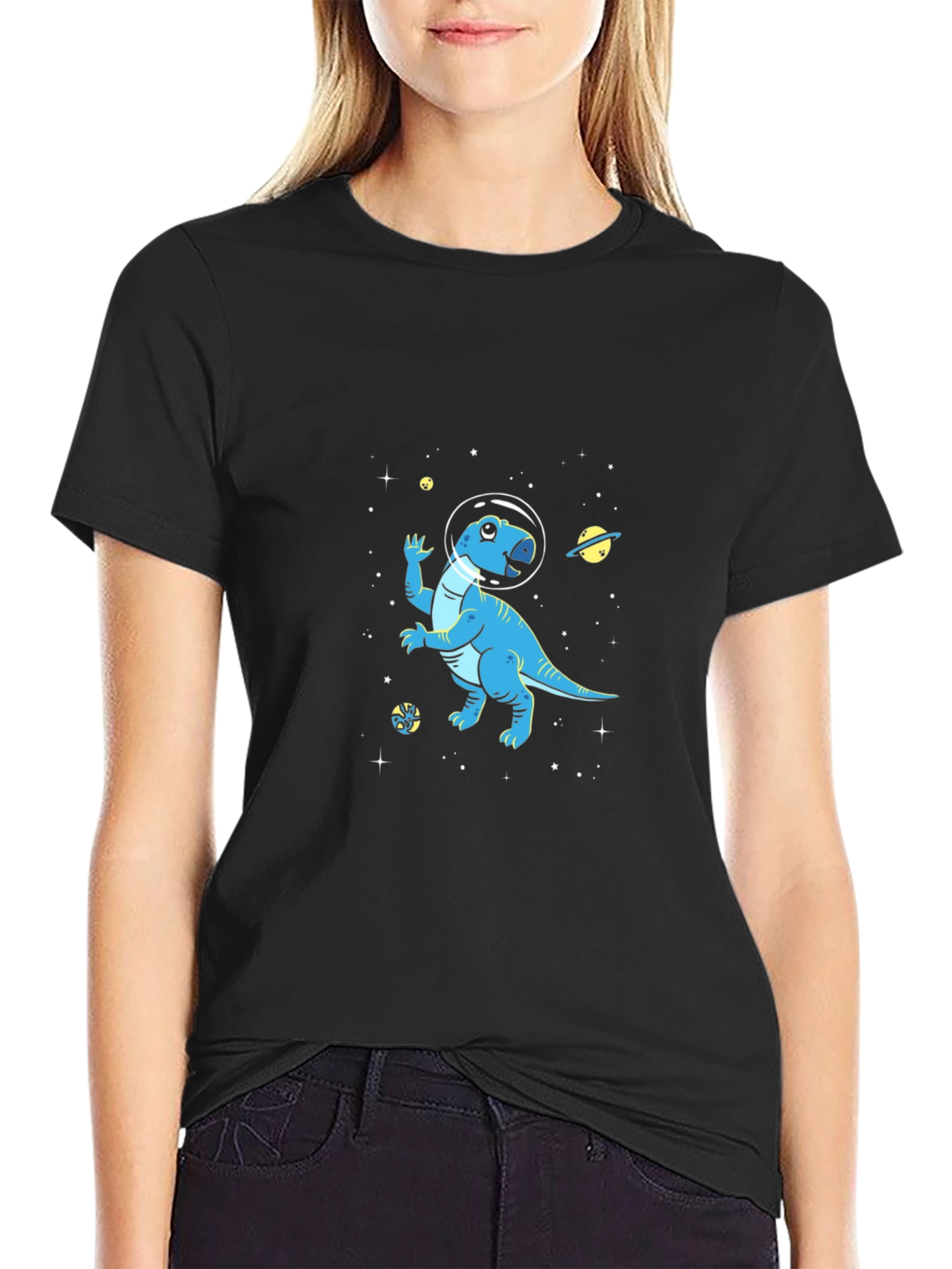 Dino Space T-Shirt - Black Cotton Astronaut Dinosaur Tee