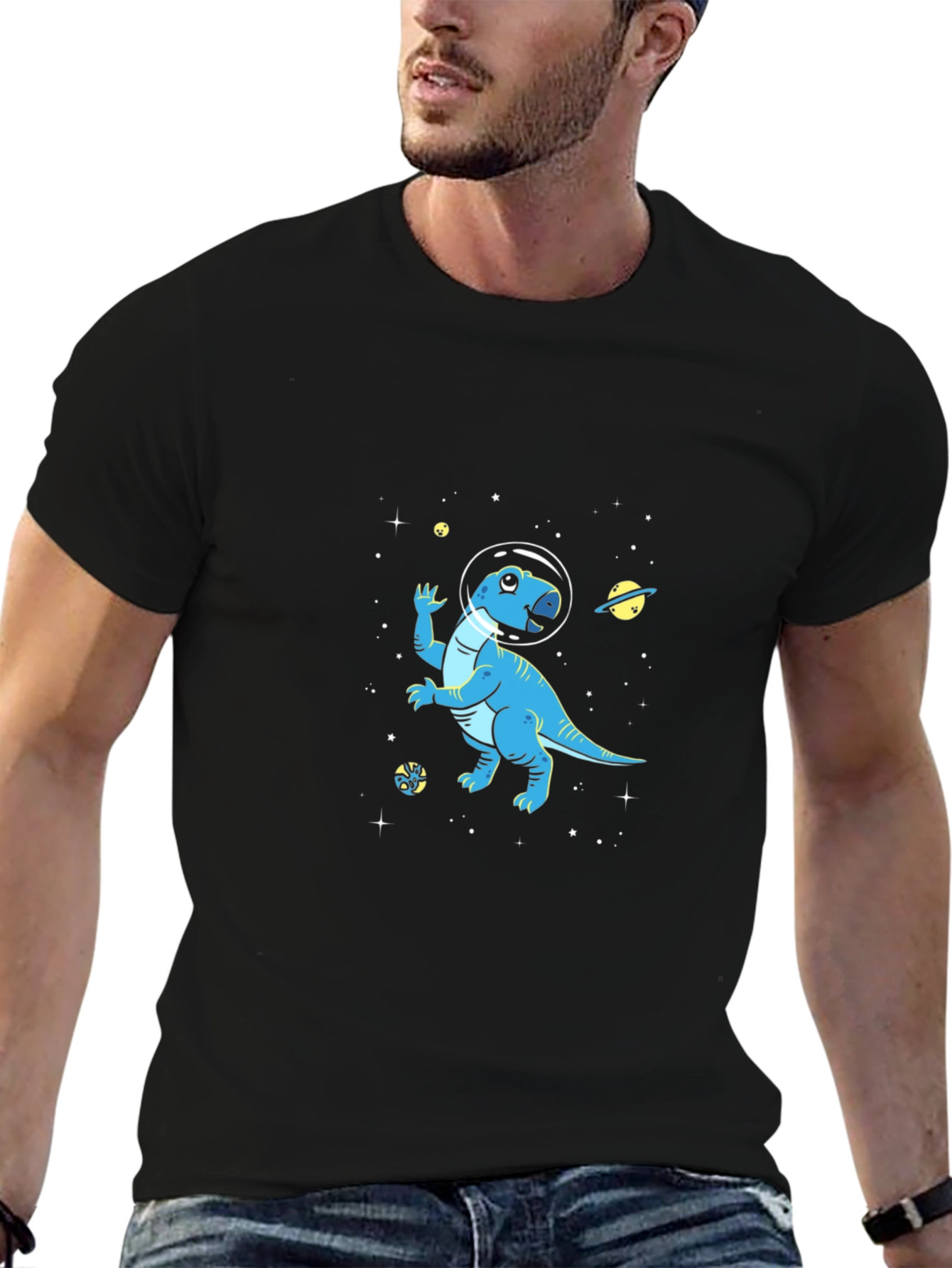 Dino Space T-Shirt - Black Cotton Astronaut Dinosaur Tee
