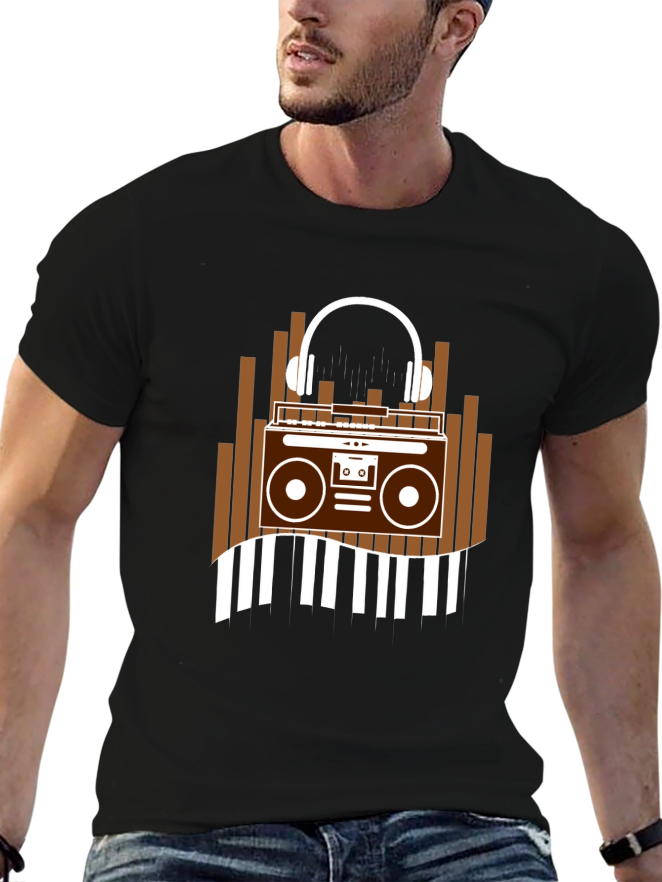 Retro Music T-Shirt - Boombox & Headphones Graphic Tee