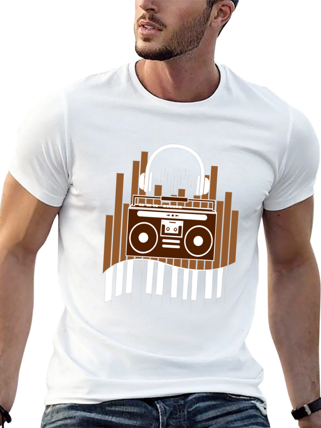 Retro Music T-Shirt - Boombox & Headphones Graphic Tee