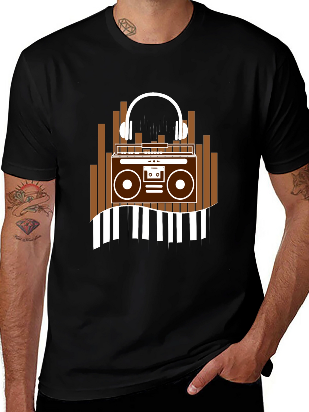 Retro Music T-Shirt - Boombox & Headphones Graphic Tee