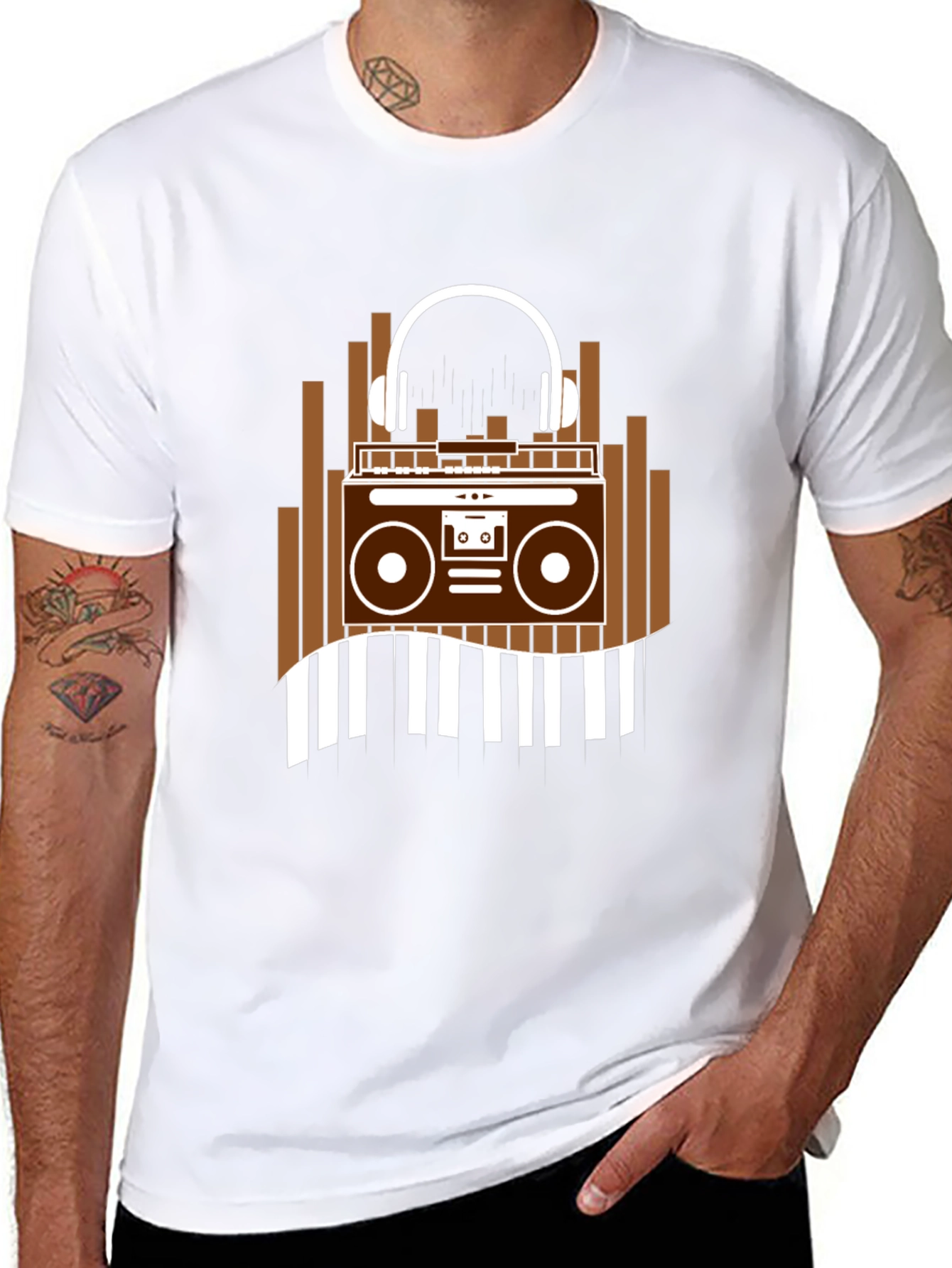 Retro Music T-Shirt - Boombox & Headphones Graphic Tee