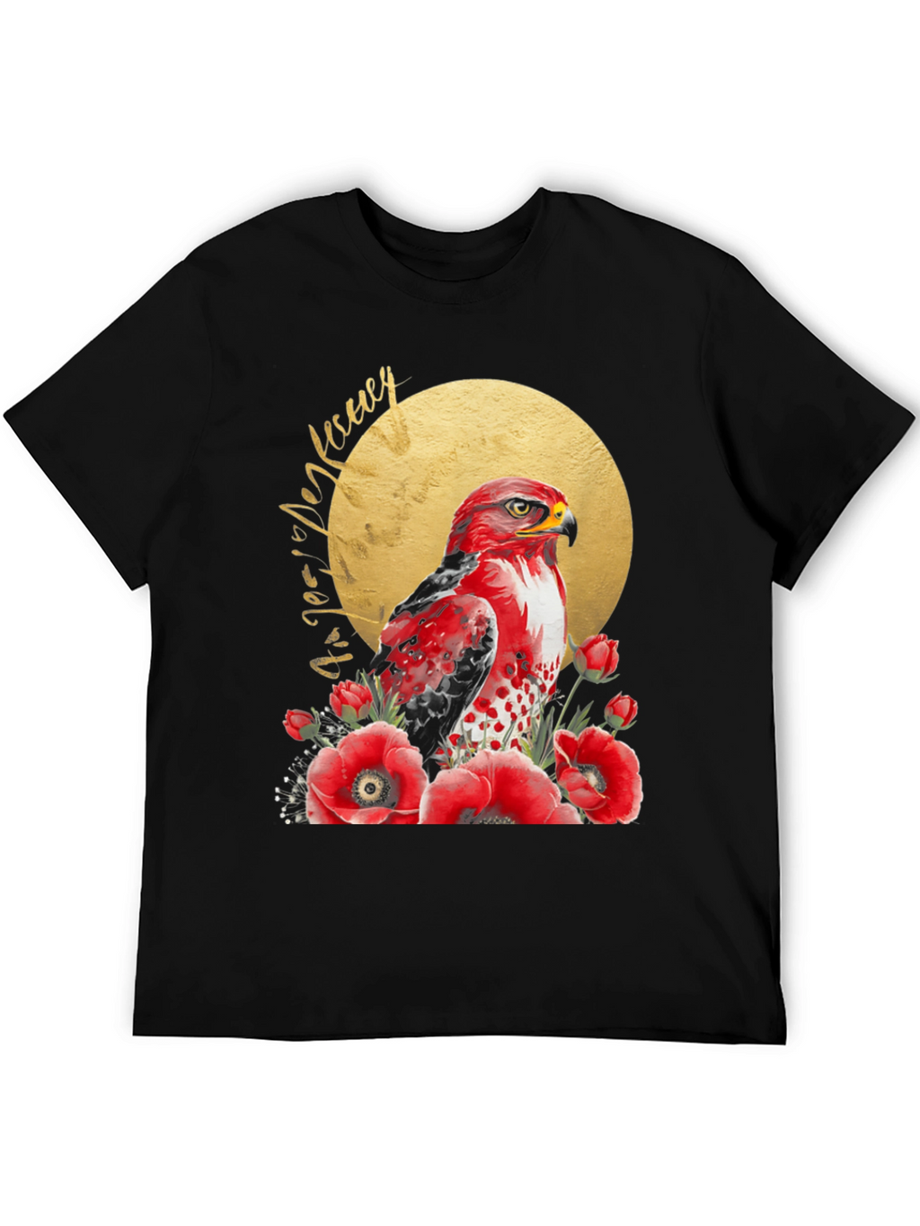 Red Hawk & Poppies Black Graphic Tee