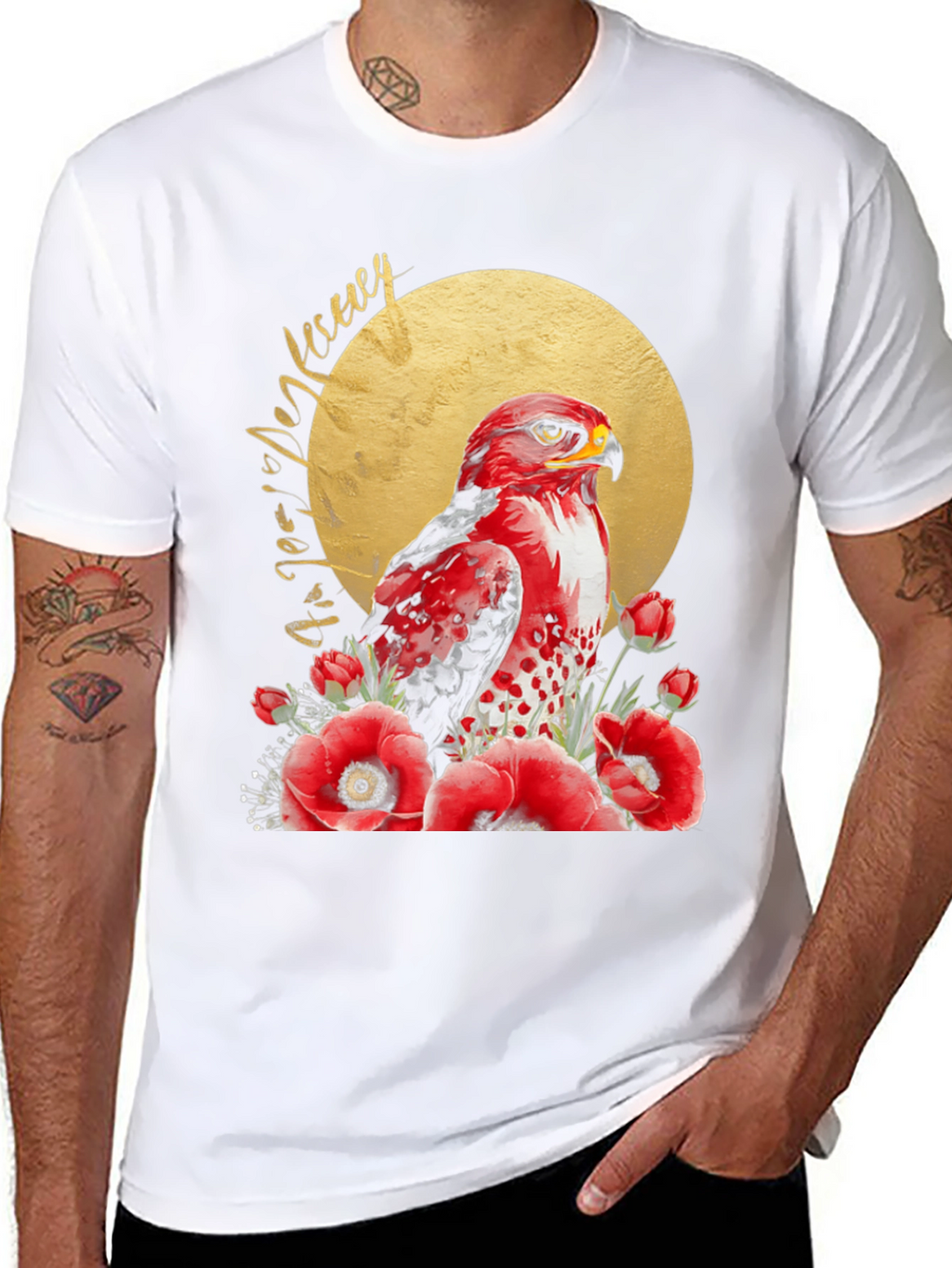 Red Hawk & Poppies Black Graphic Tee