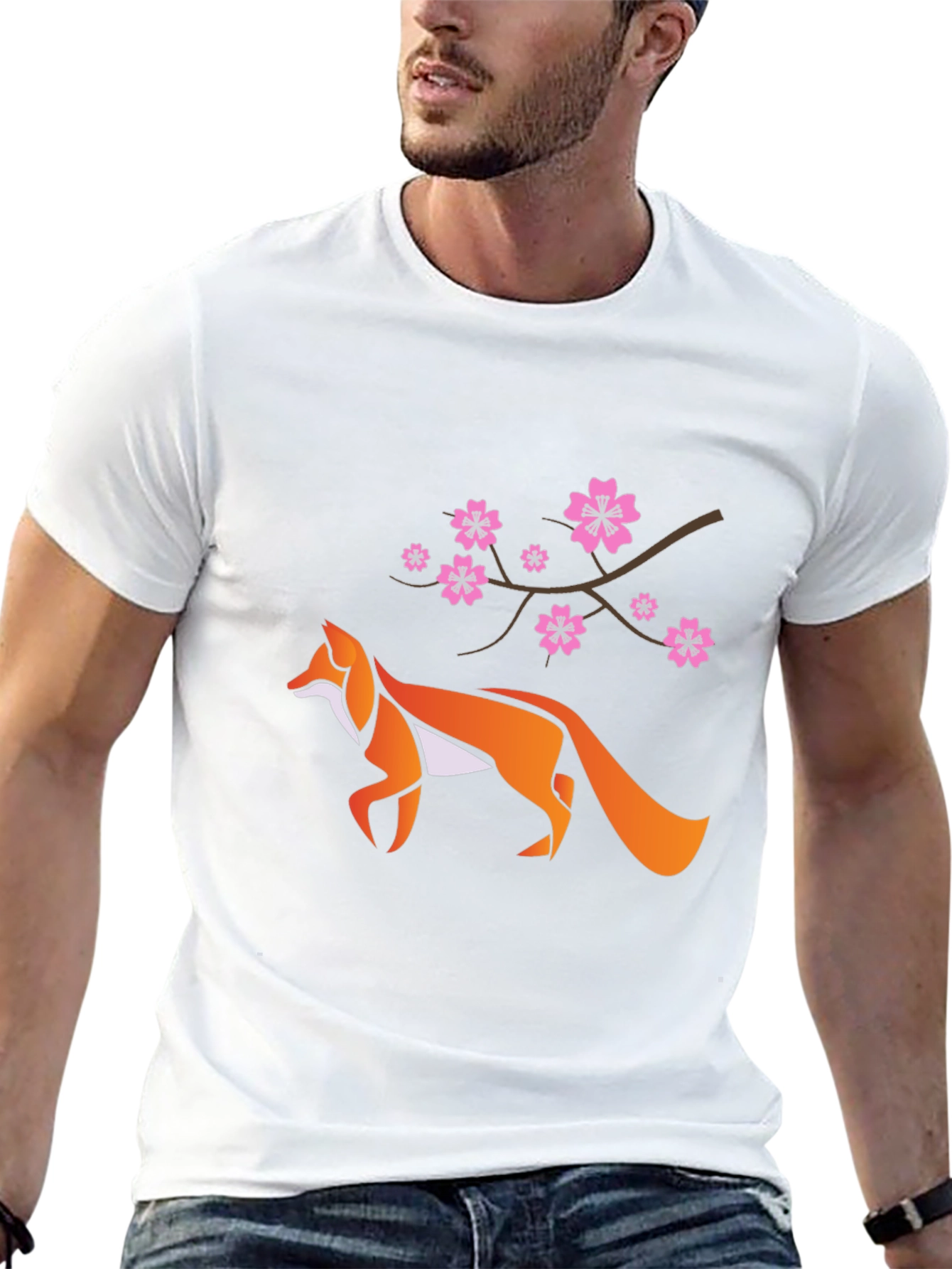 Fox & Cherry Blossom Graphic Black T-Shirt