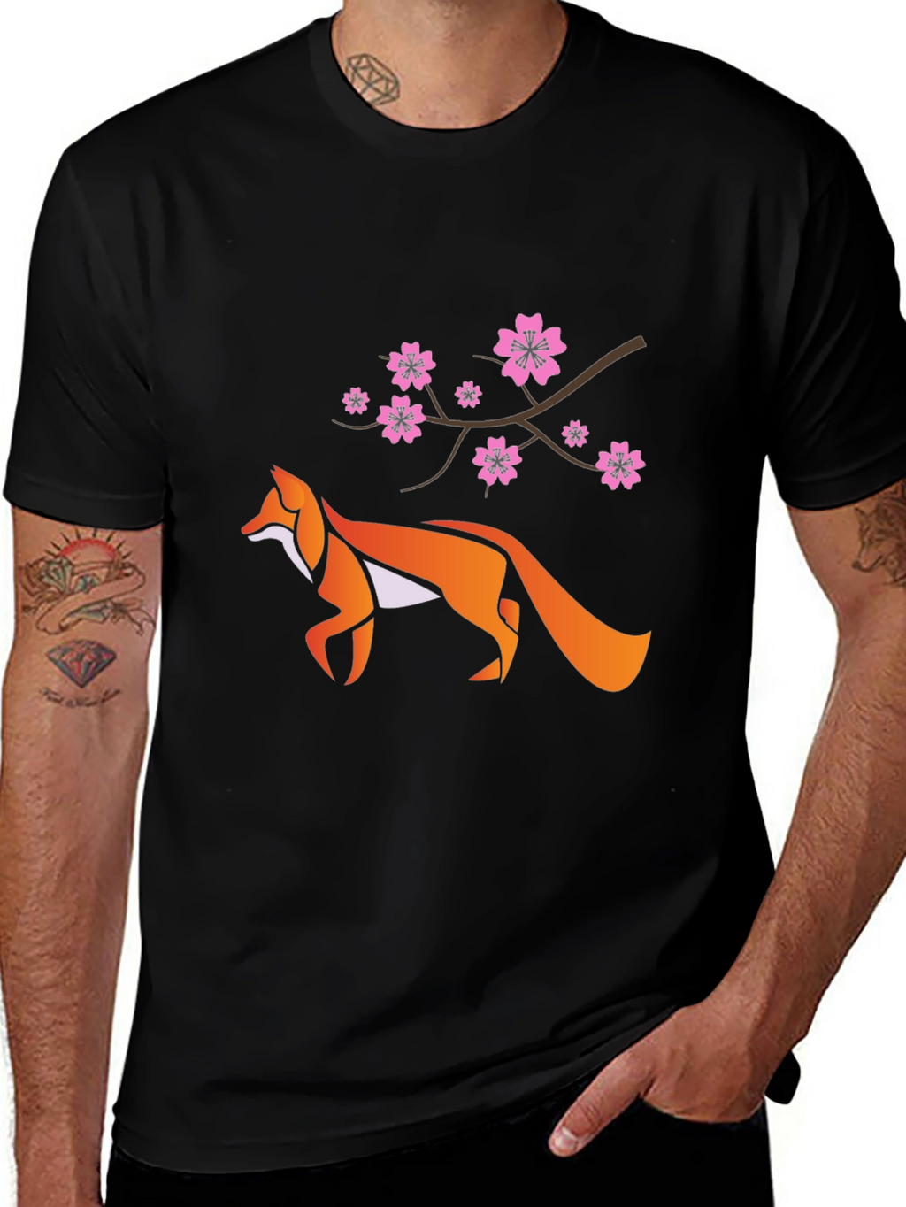 Fox & Cherry Blossom Graphic Black T-Shirt